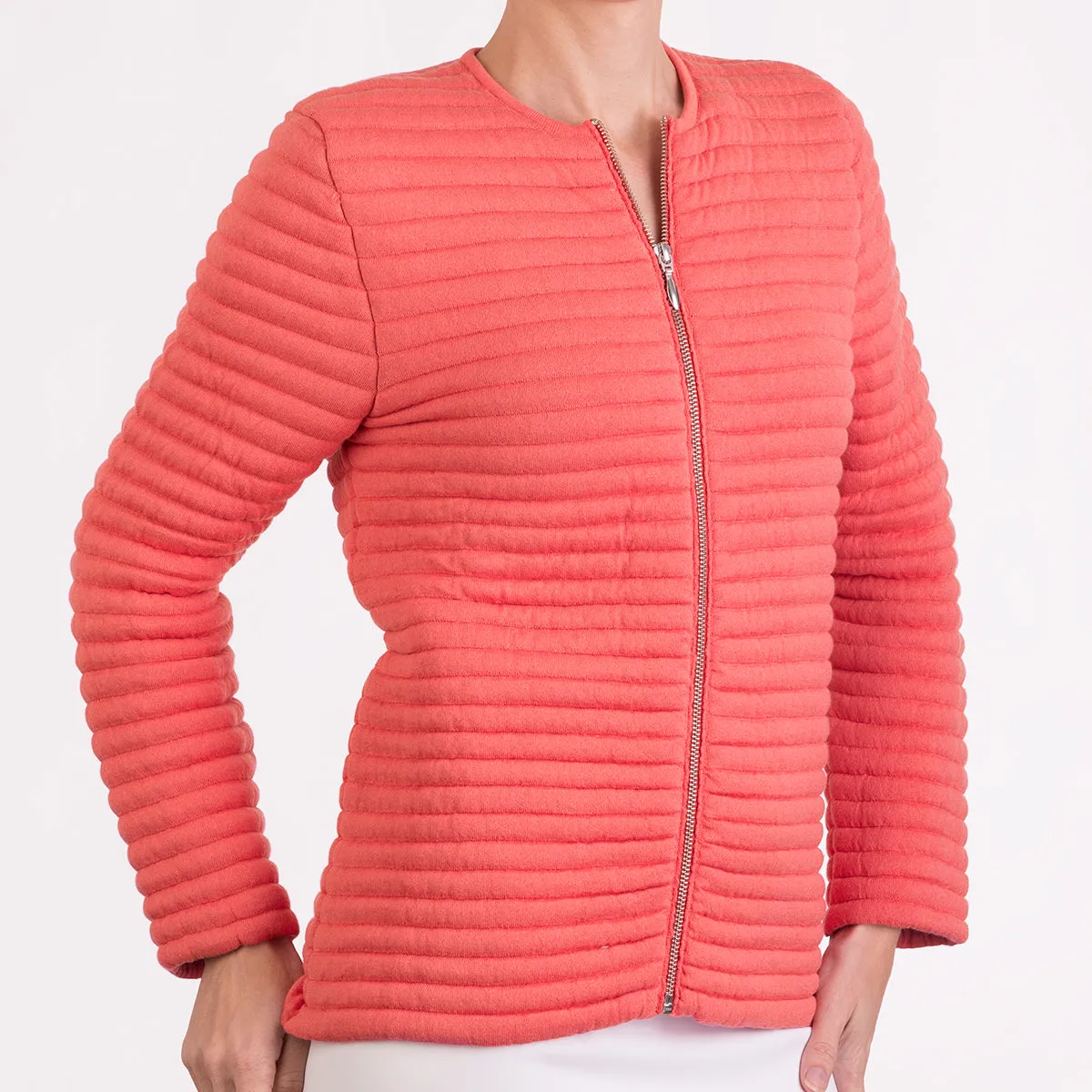 Knitted Zip Bomber Jacket in Coral