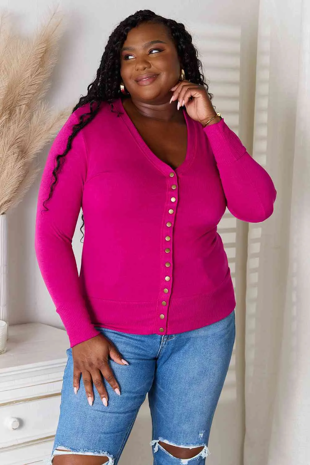 Magenta V-Neck Long Sleeve Cardigan