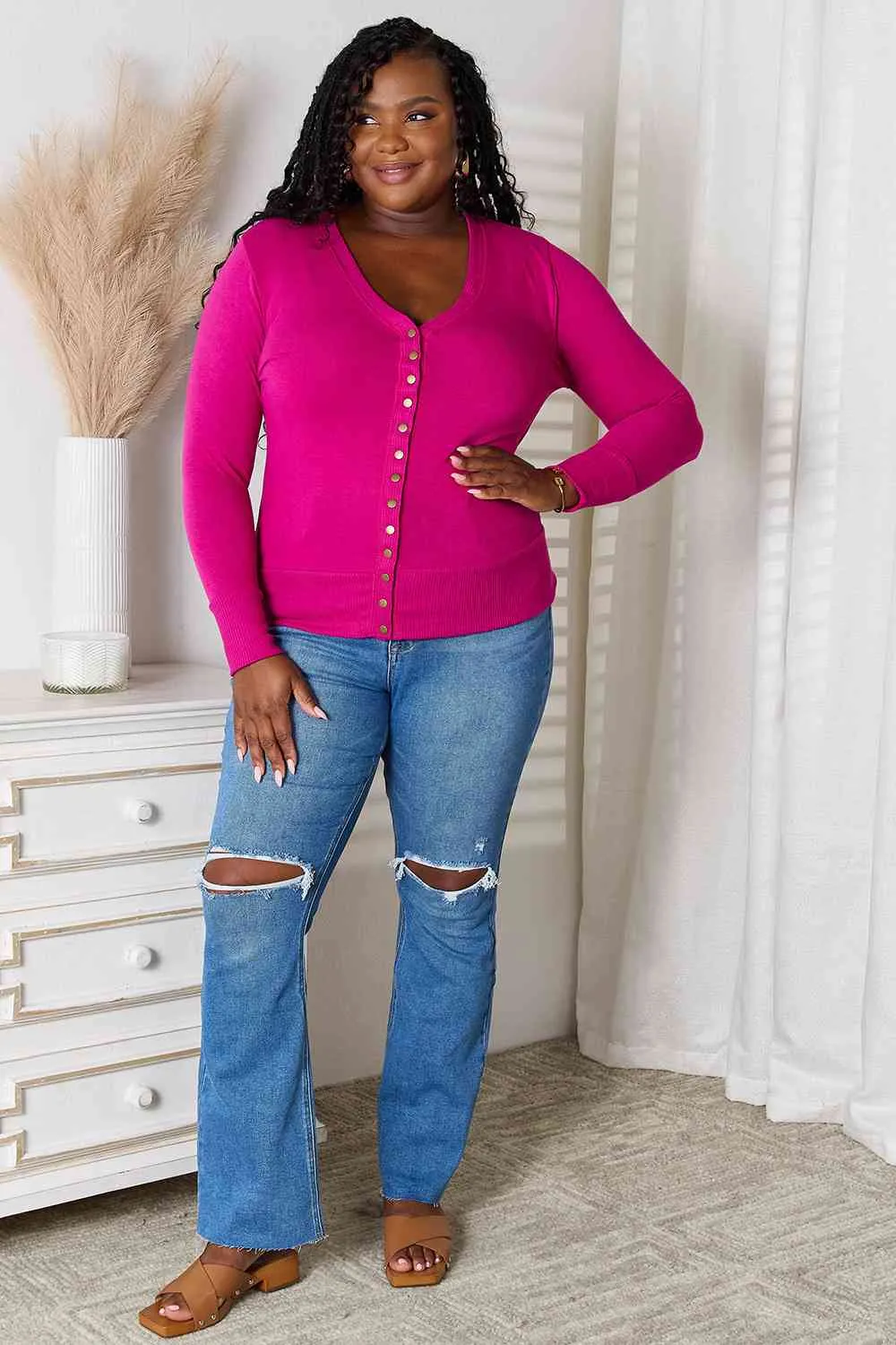 Magenta V-Neck Long Sleeve Cardigan