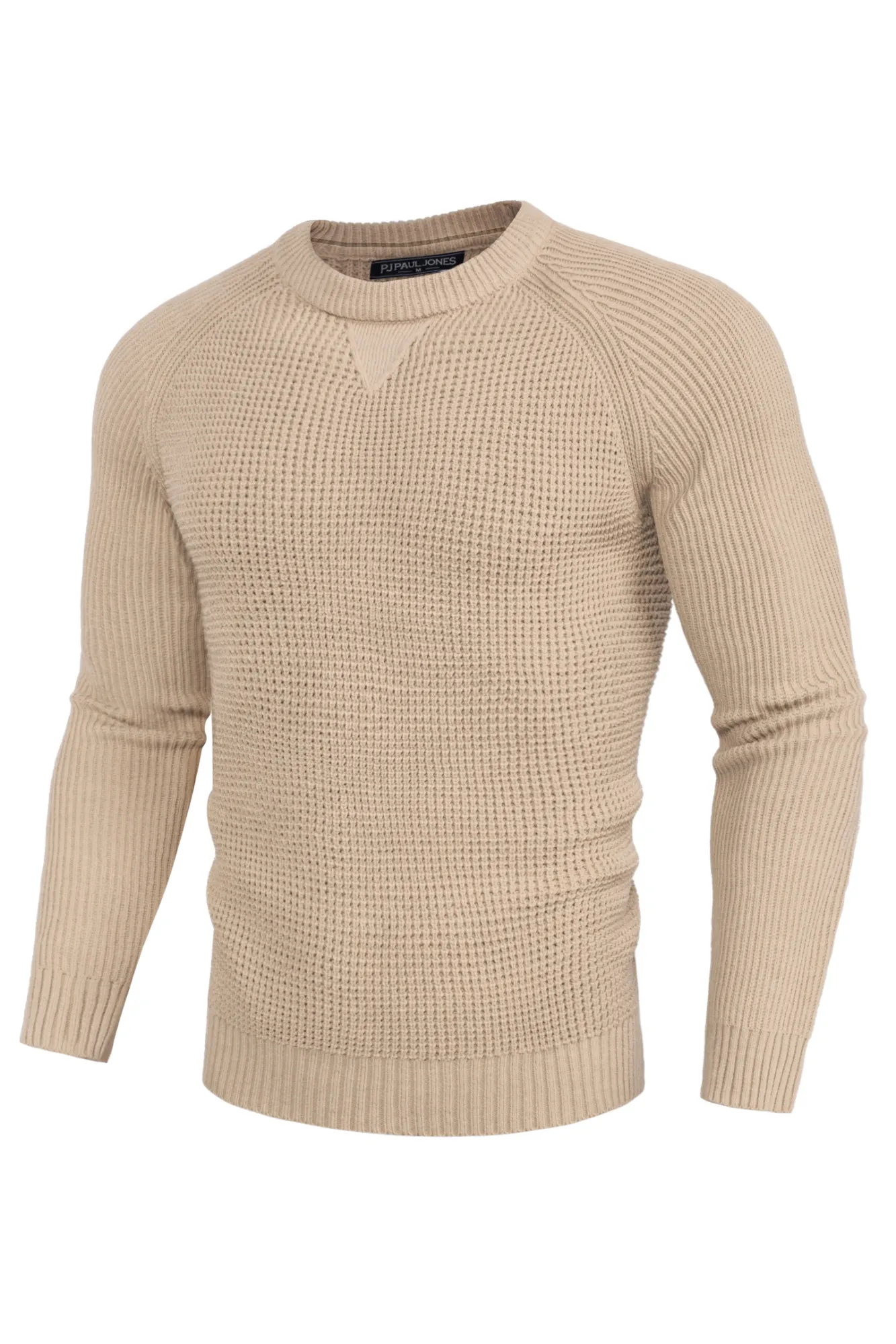 Men Waffle Textured Sweater Long Raglan Sleeve Crew Neck Ribbed Cuff Pullover