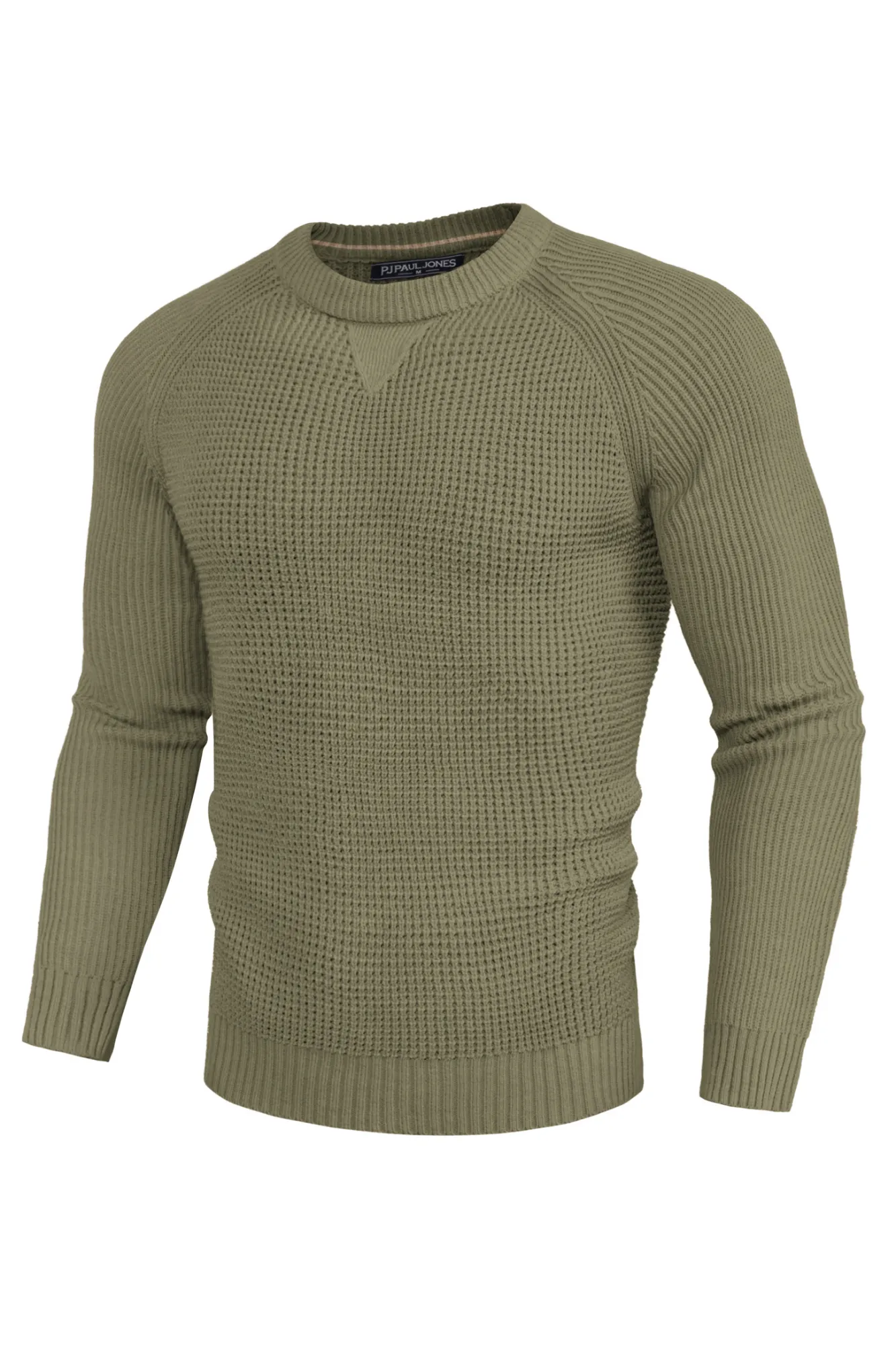 Men Waffle Textured Sweater Long Raglan Sleeve Crew Neck Ribbed Cuff Pullover