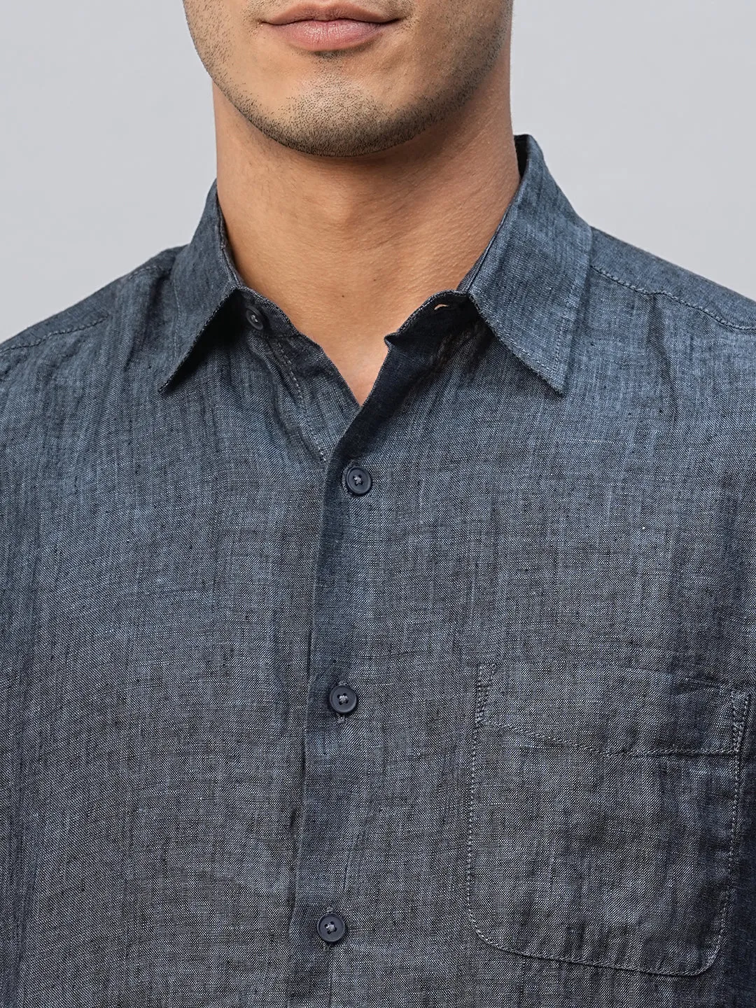 Men's 100% Linen Navy Regular Fit Long Sleeved Shirt