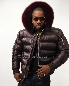 Mens Wine Aspen Leather Bubble Bomber Jacket