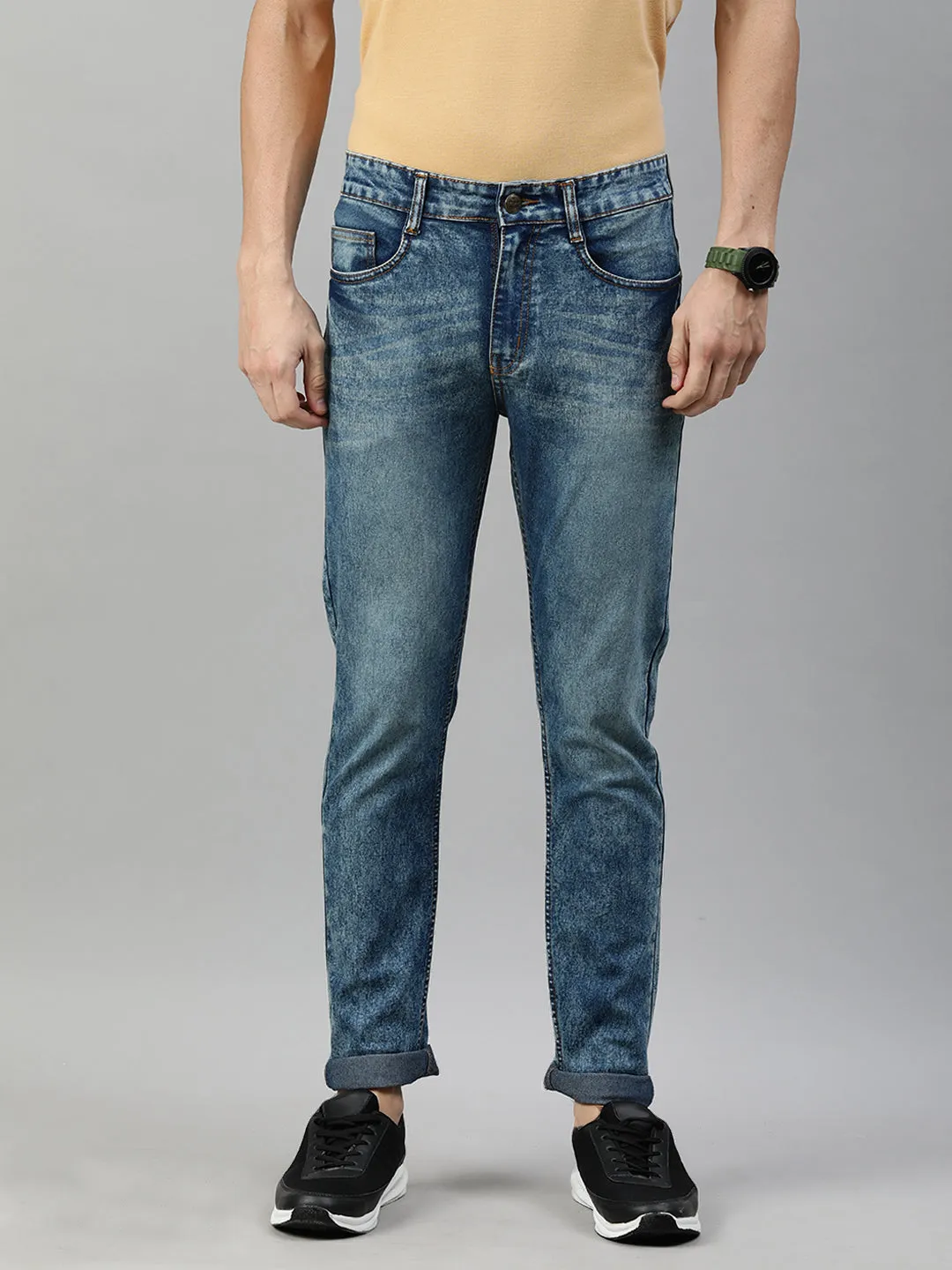 Men's Blue Slim Fit Whisker Washed Jeans Stretchable