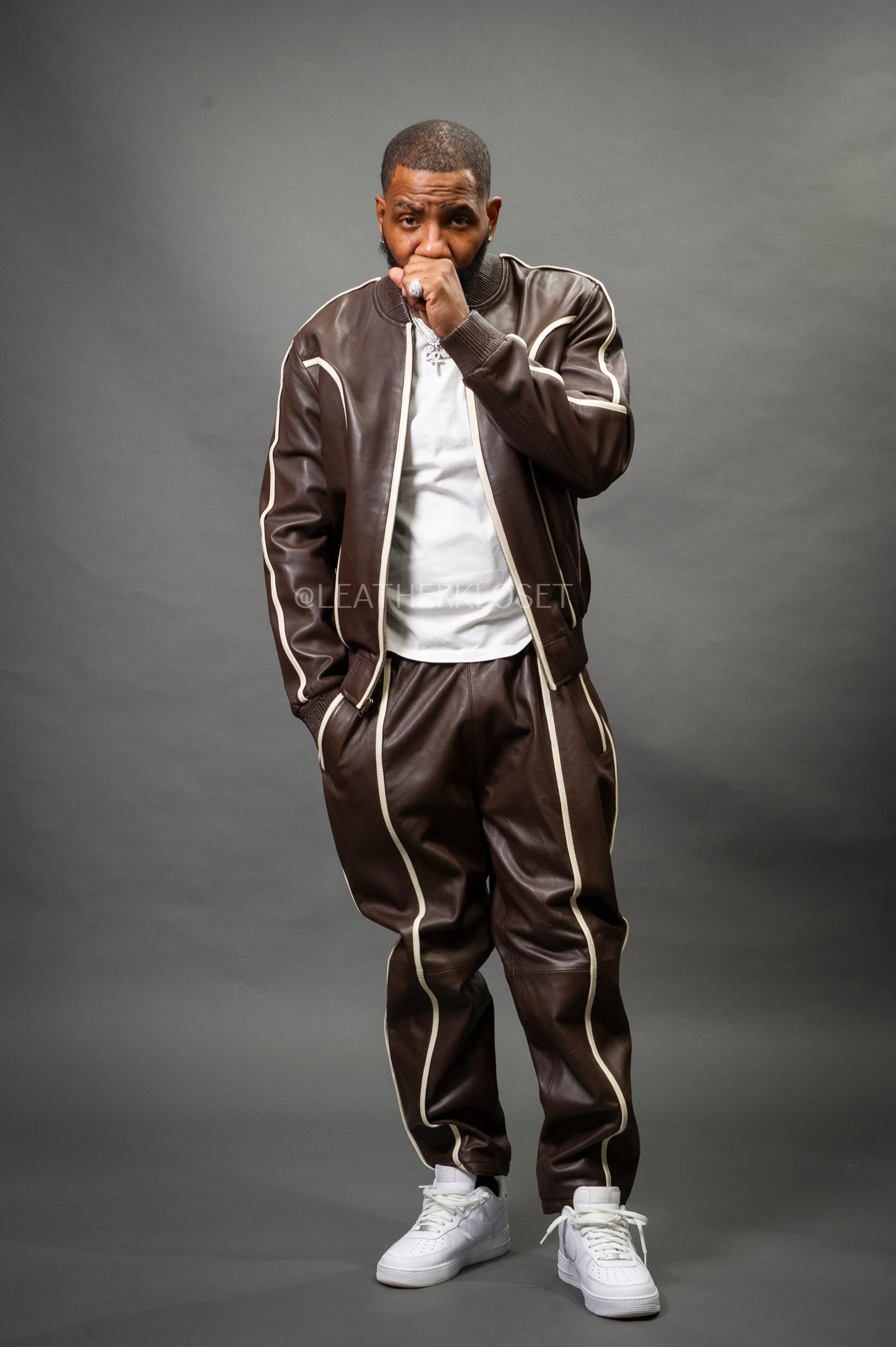 Brayden Mens Luxurious Leather Sweatsuit Track Suit in Chocolate/Beige