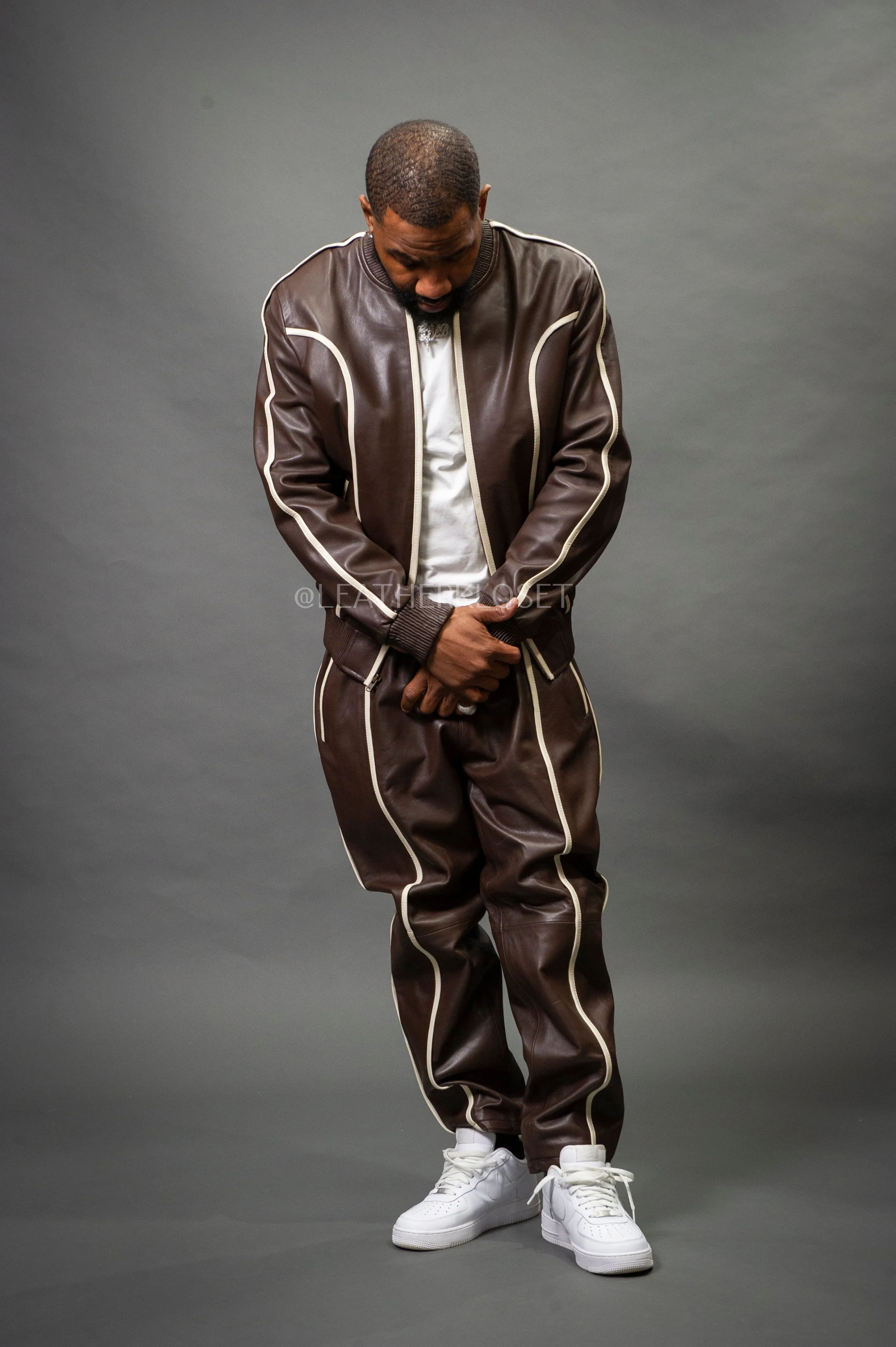 Brayden Mens Luxurious Leather Sweatsuit Track Suit in Chocolate/Beige