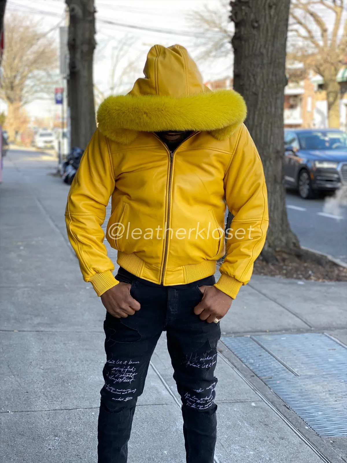 Mens Yellow Classic Baseball Jacket with Fox Fur Hood