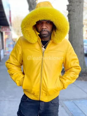 Mens Yellow Classic Baseball Jacket with Fox Fur Hood