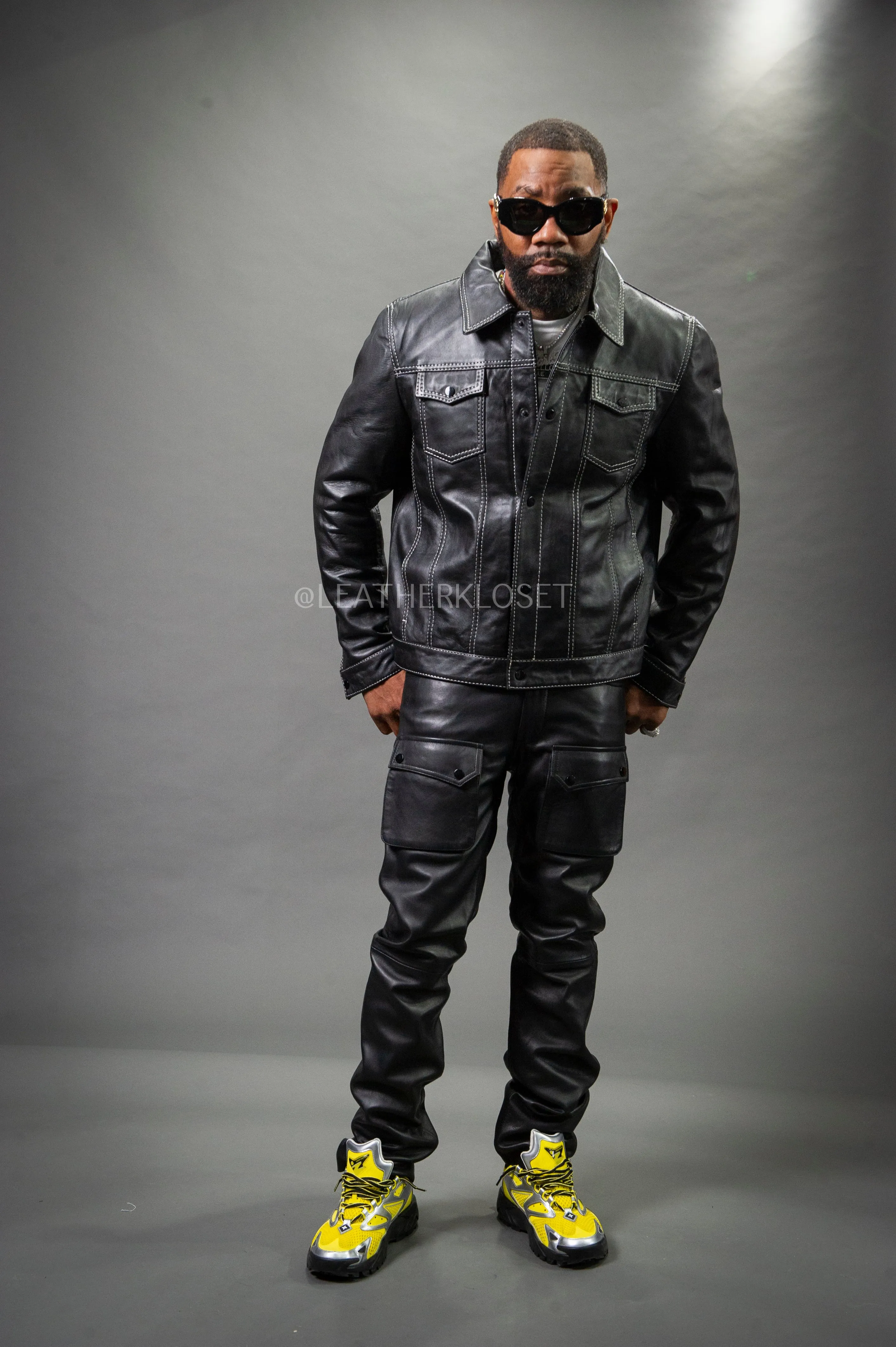 Mens Sleek Black Dylan Leather Jacket and Cargo Pants Set