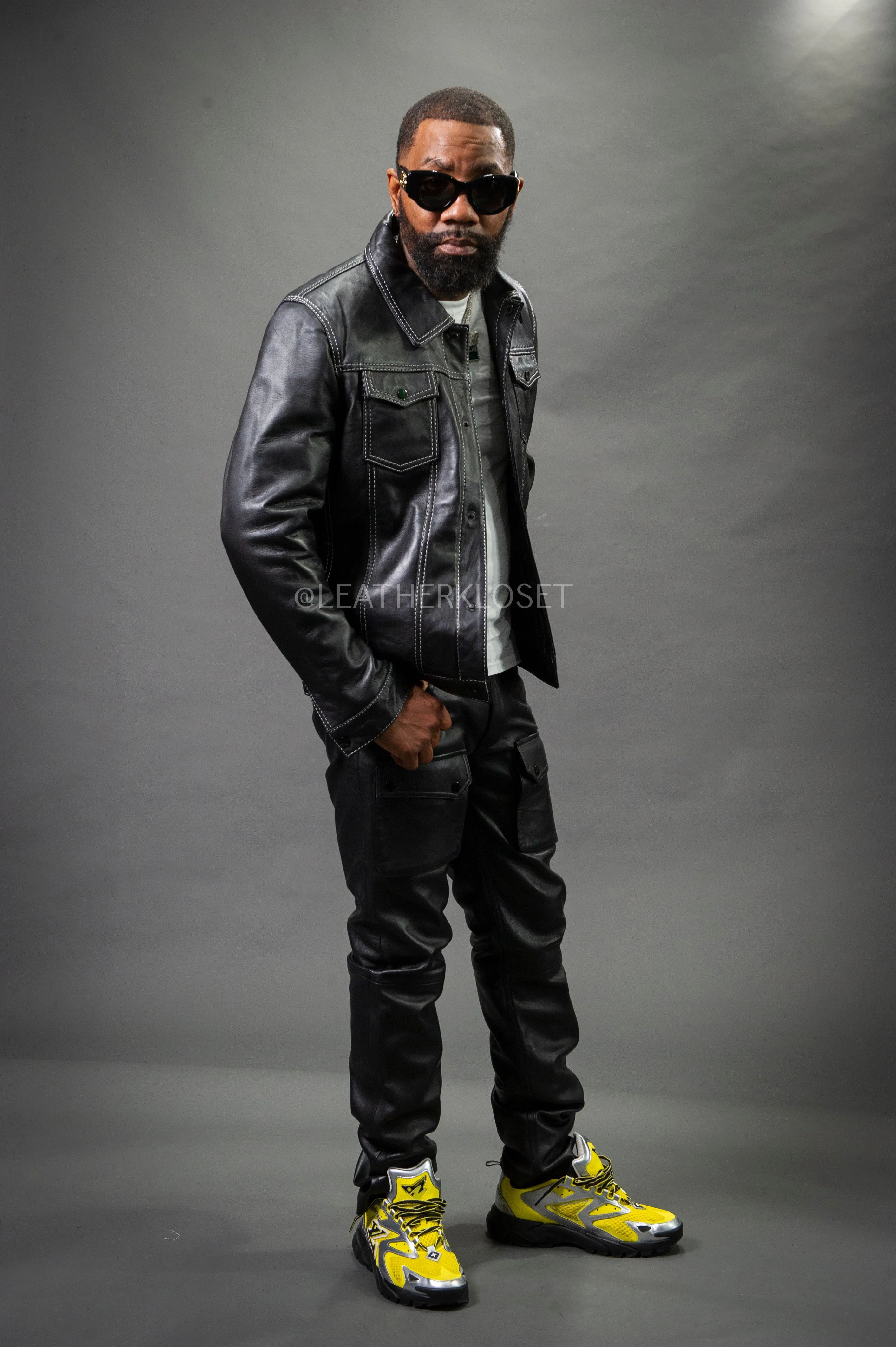 Mens Sleek Black Dylan Leather Jacket and Cargo Pants Set