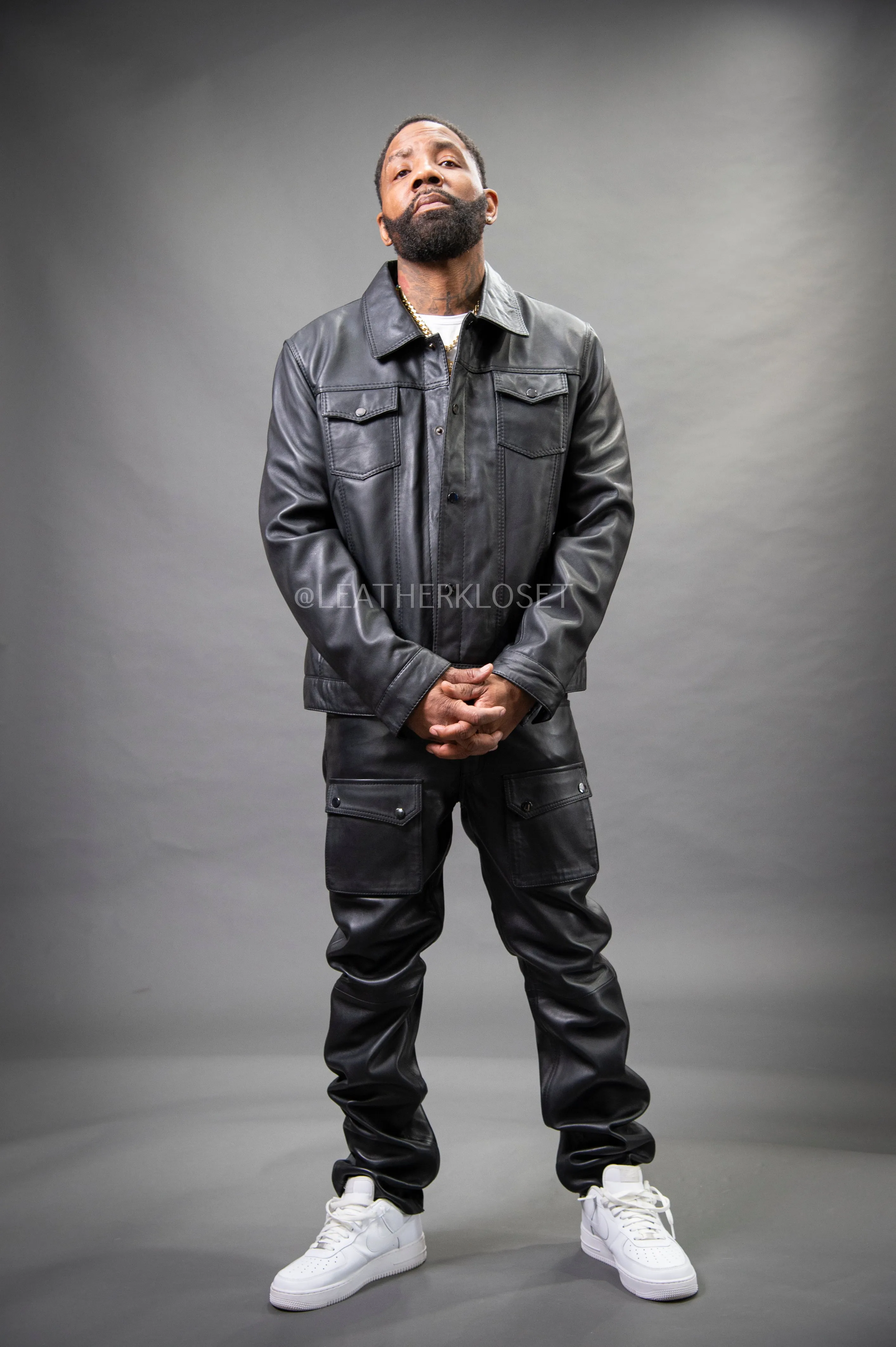 Mens Black Dylan Leather Jean Jacket and Cargo Pants Set