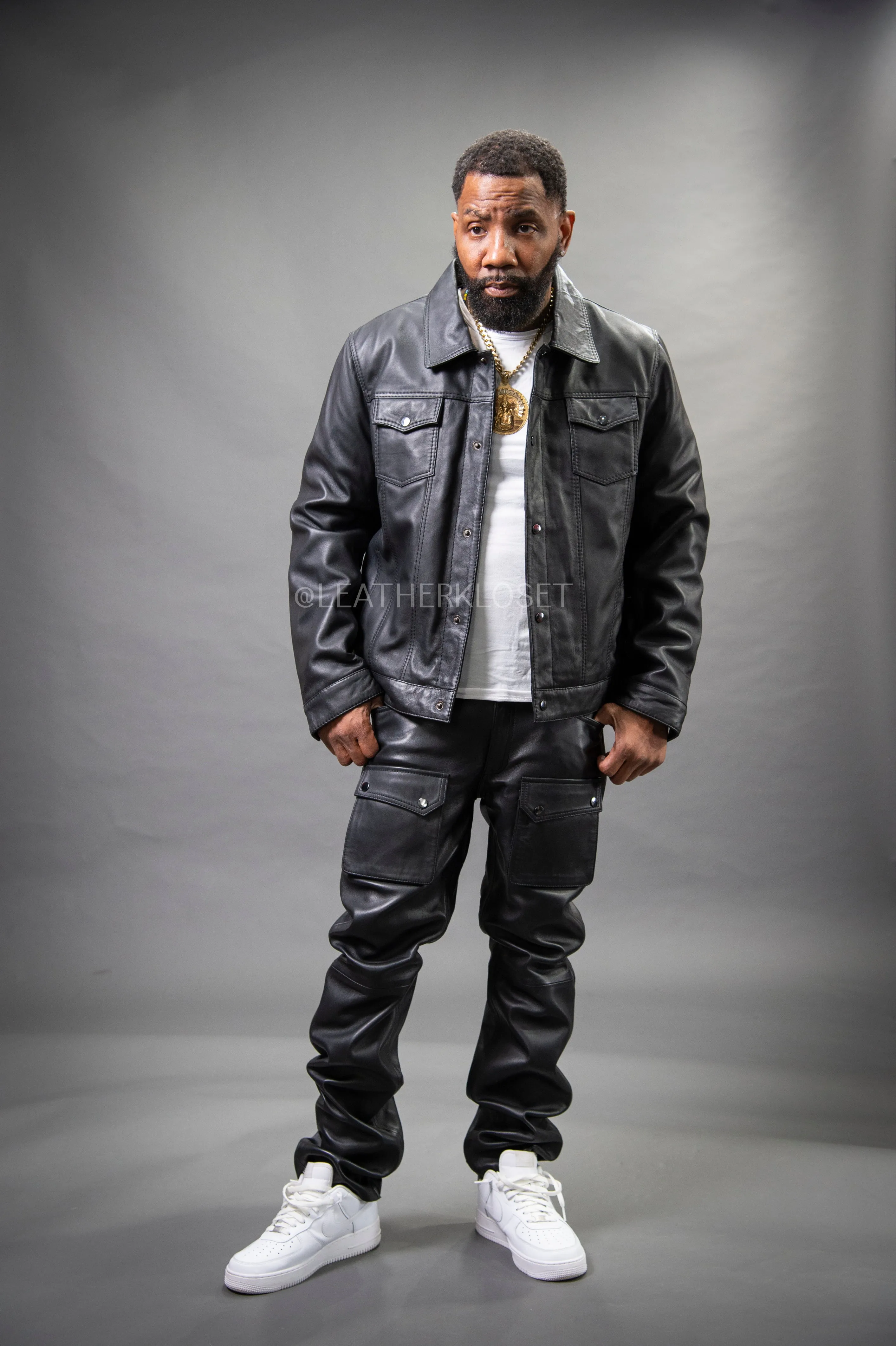 Mens Black Dylan Leather Jean Jacket and Cargo Pants Set