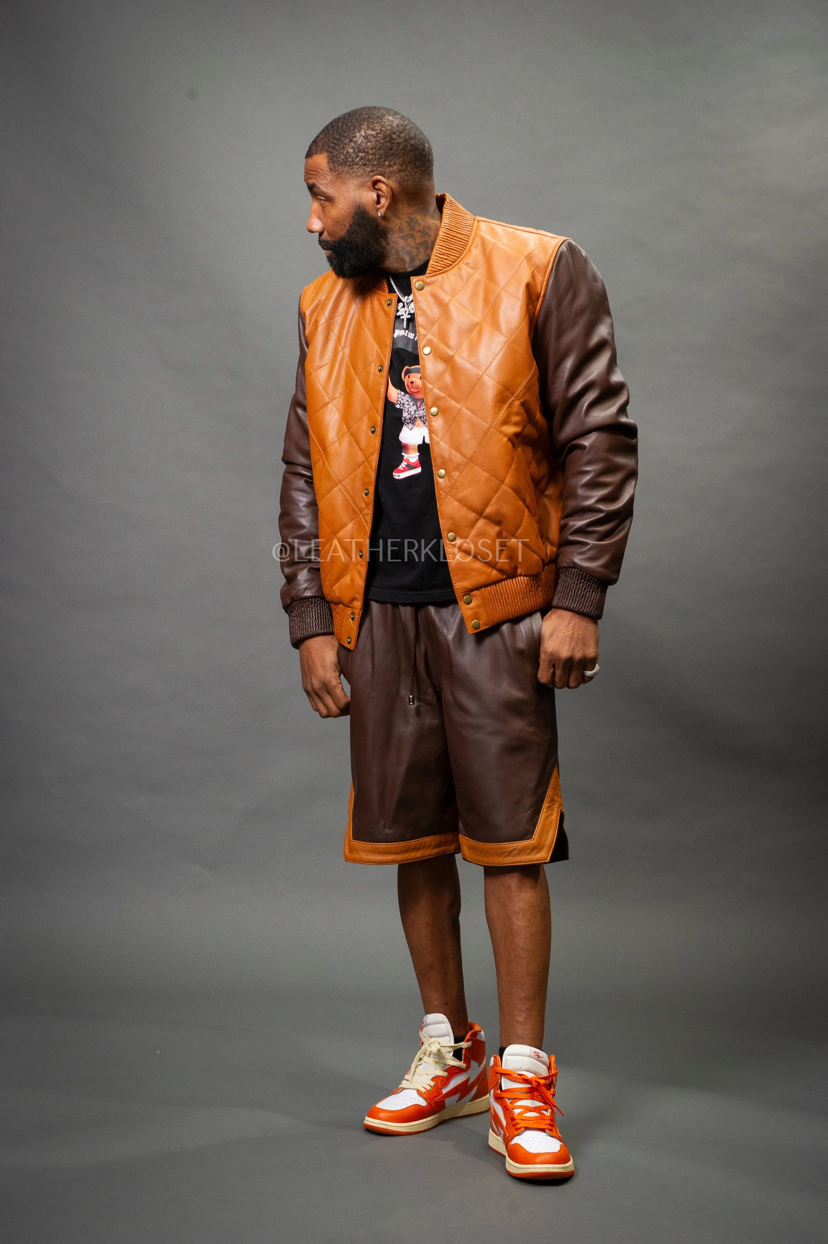 Mens Chocolate/Saddle Leather Adan Varsity Jacket with Matching Shorts