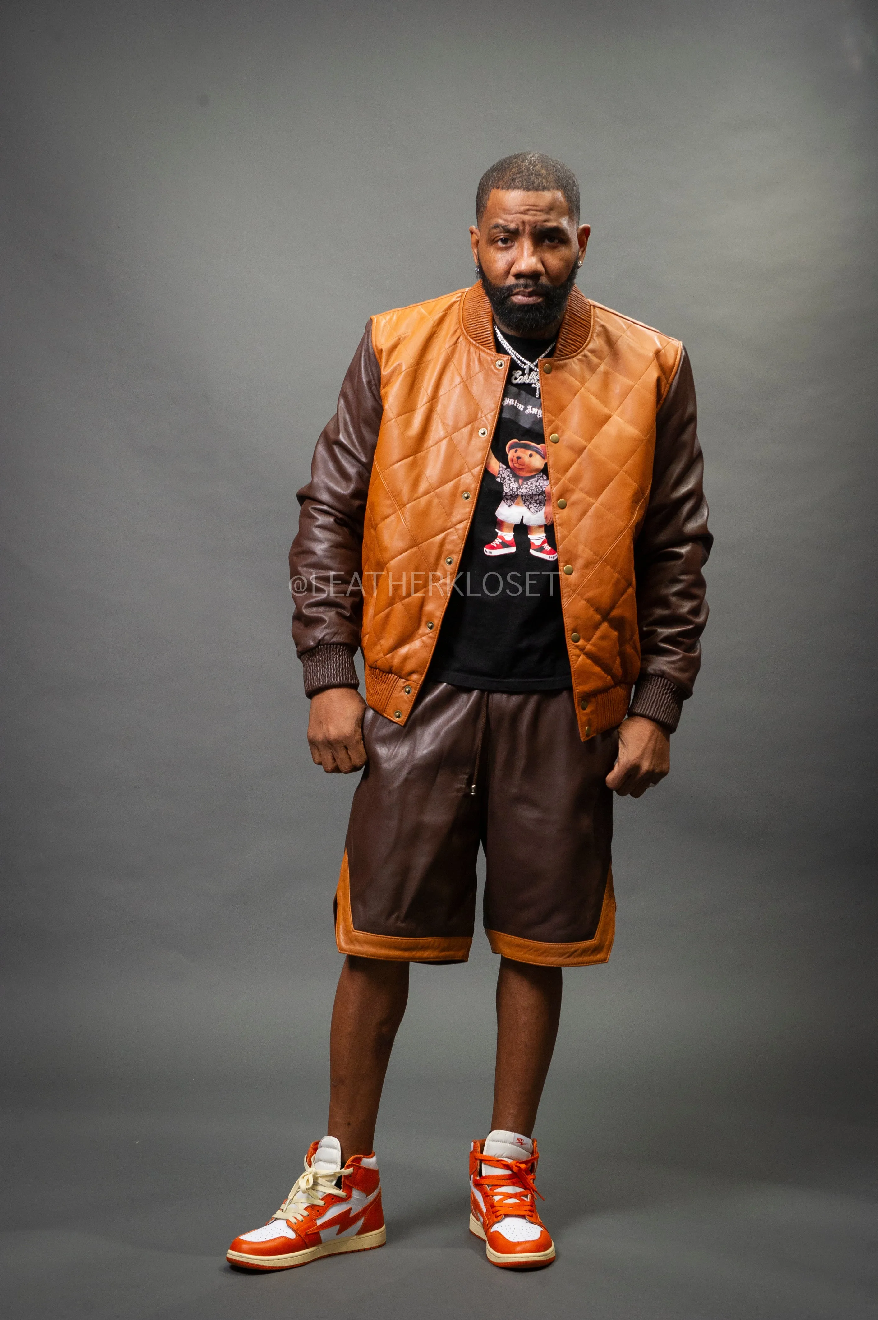 Mens Chocolate/Saddle Leather Adan Varsity Jacket with Matching Shorts