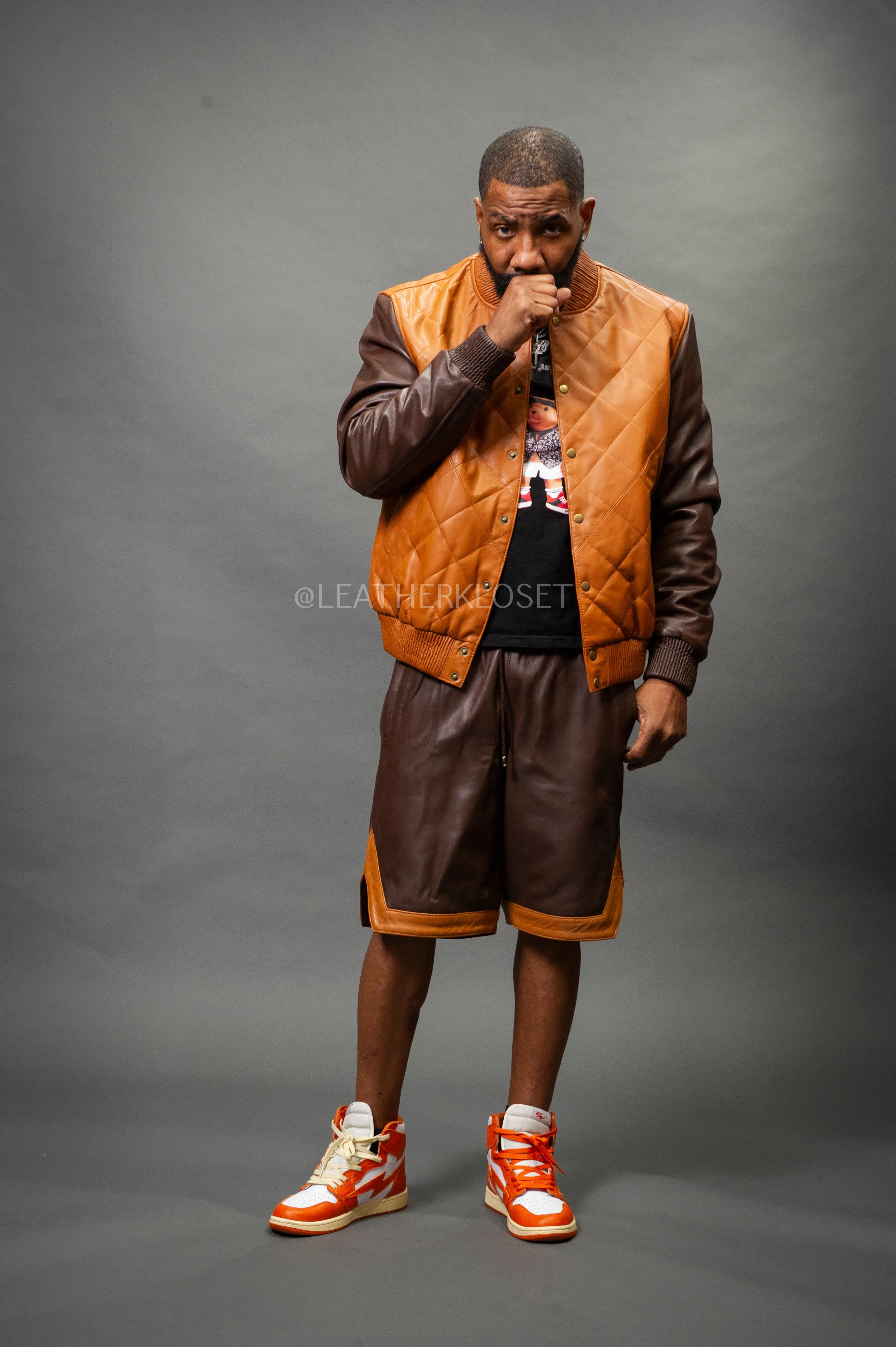 Mens Chocolate/Saddle Leather Adan Varsity Jacket with Matching Shorts