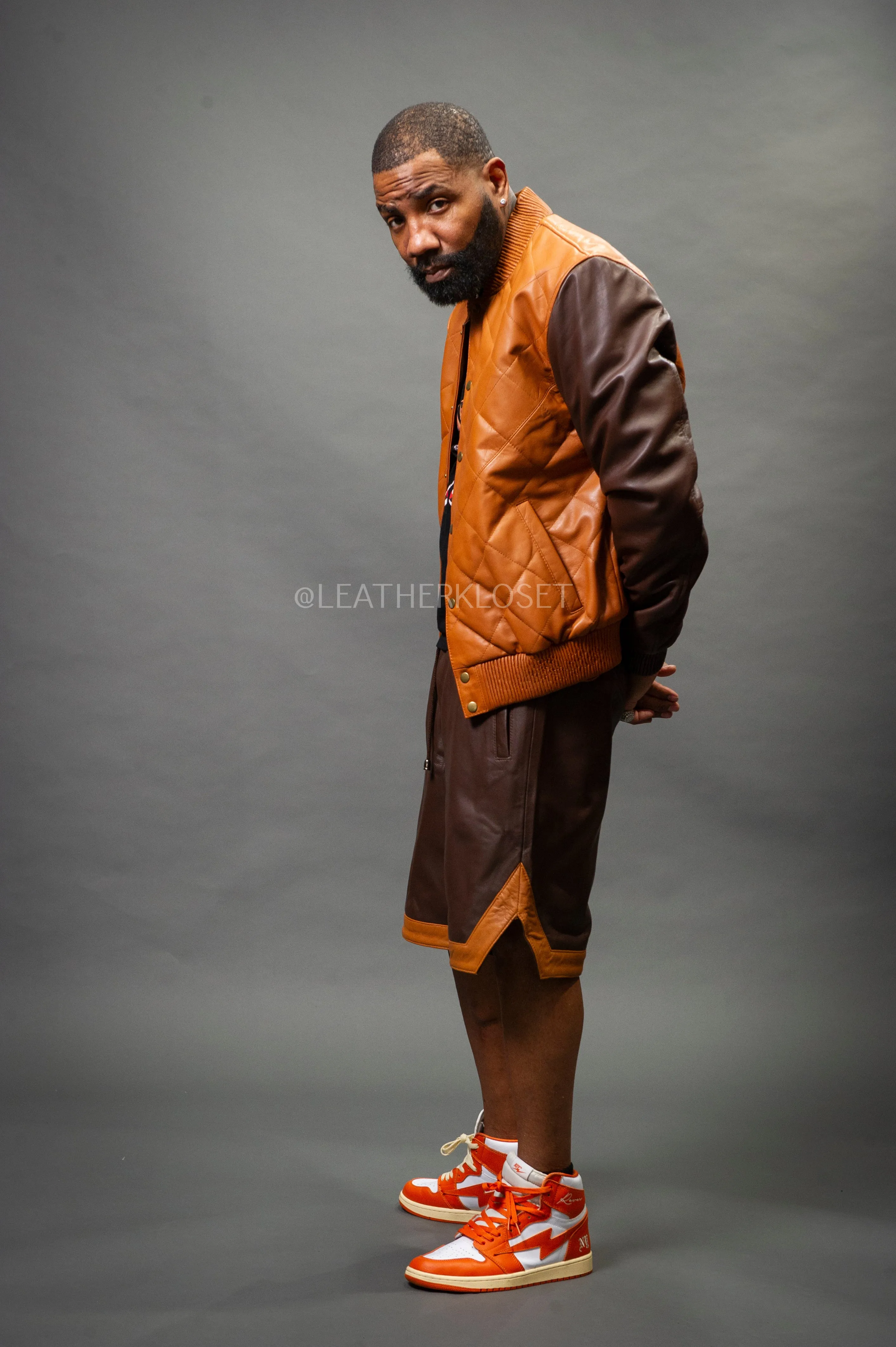 Mens Chocolate/Saddle Leather Adan Varsity Jacket with Matching Shorts