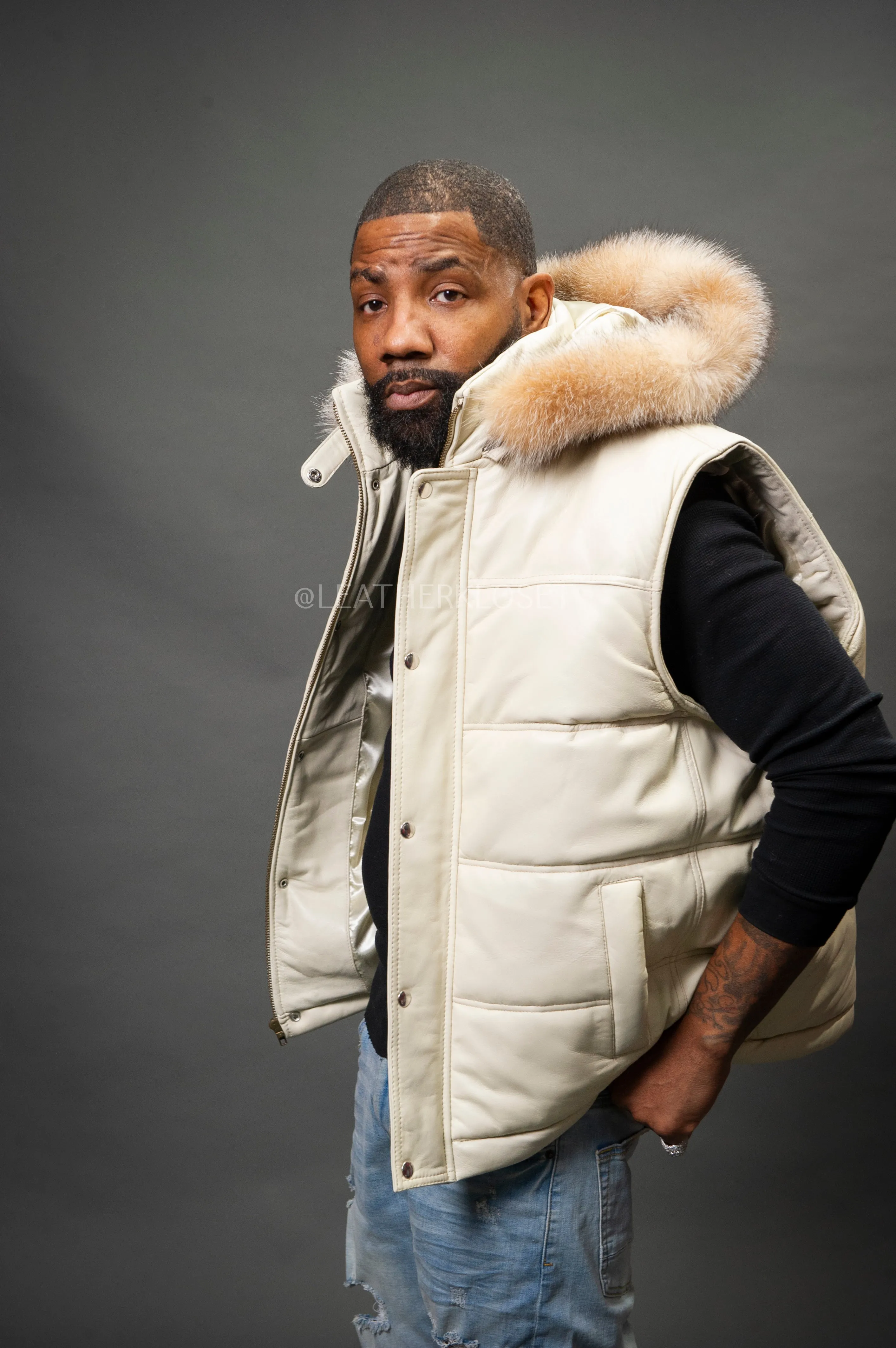 Luxurious Beige Mens Leather Bubble Vest with Fox Fur Hood – Stylish & Warm Winter Outerwear