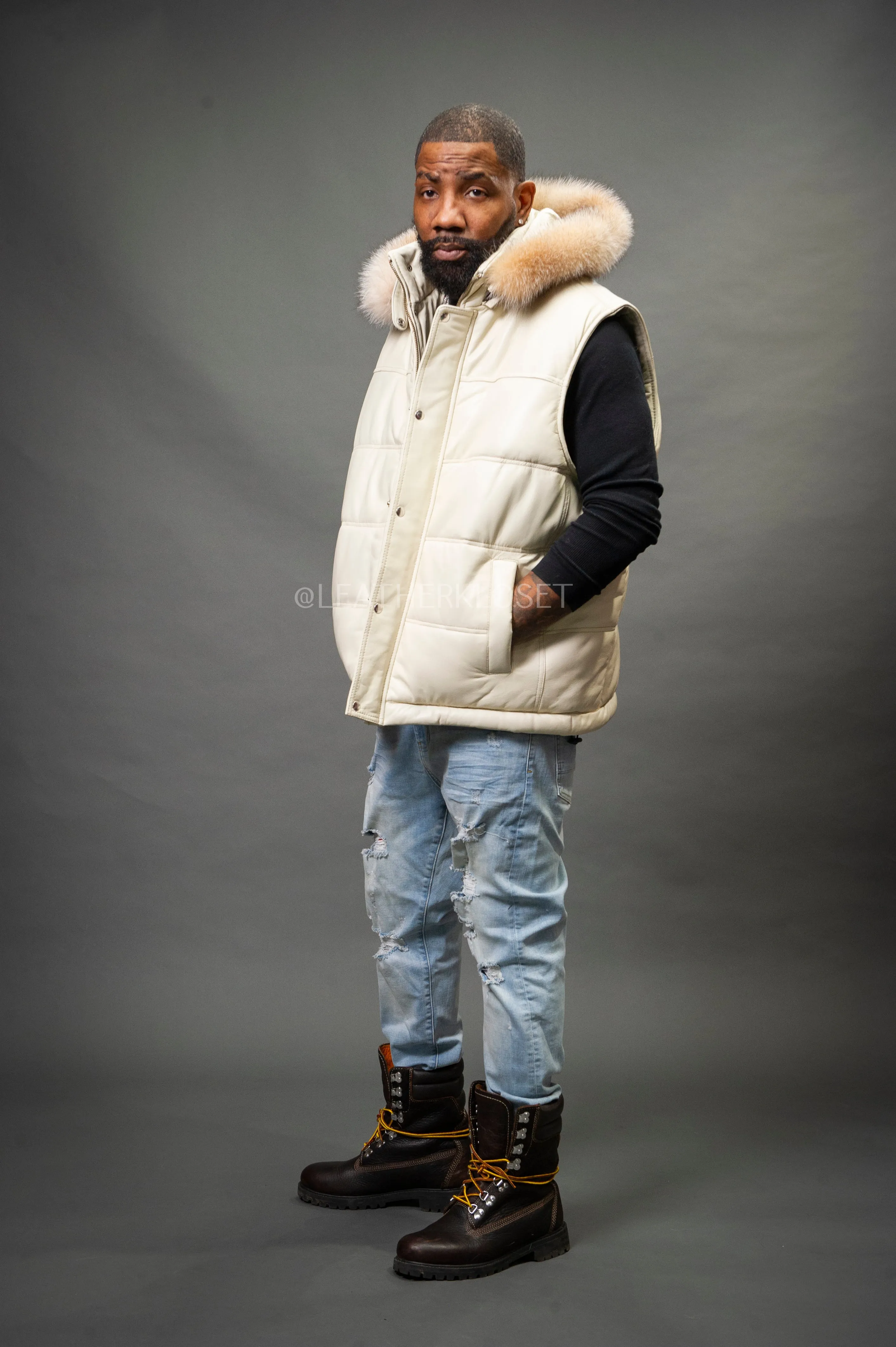 Luxurious Beige Mens Leather Bubble Vest with Fox Fur Hood – Stylish & Warm Winter Outerwear