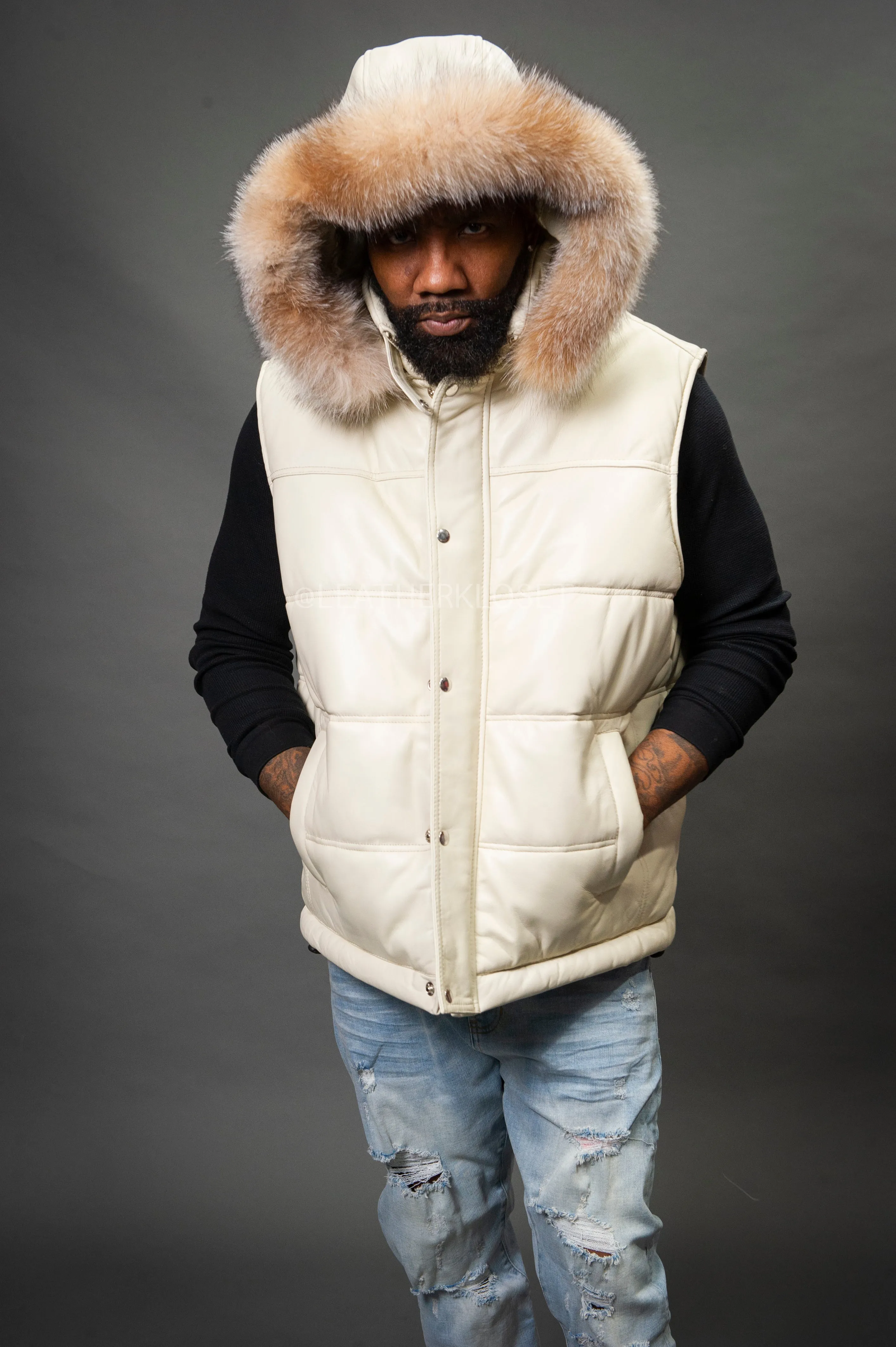 Luxurious Beige Mens Leather Bubble Vest with Fox Fur Hood – Stylish & Warm Winter Outerwear