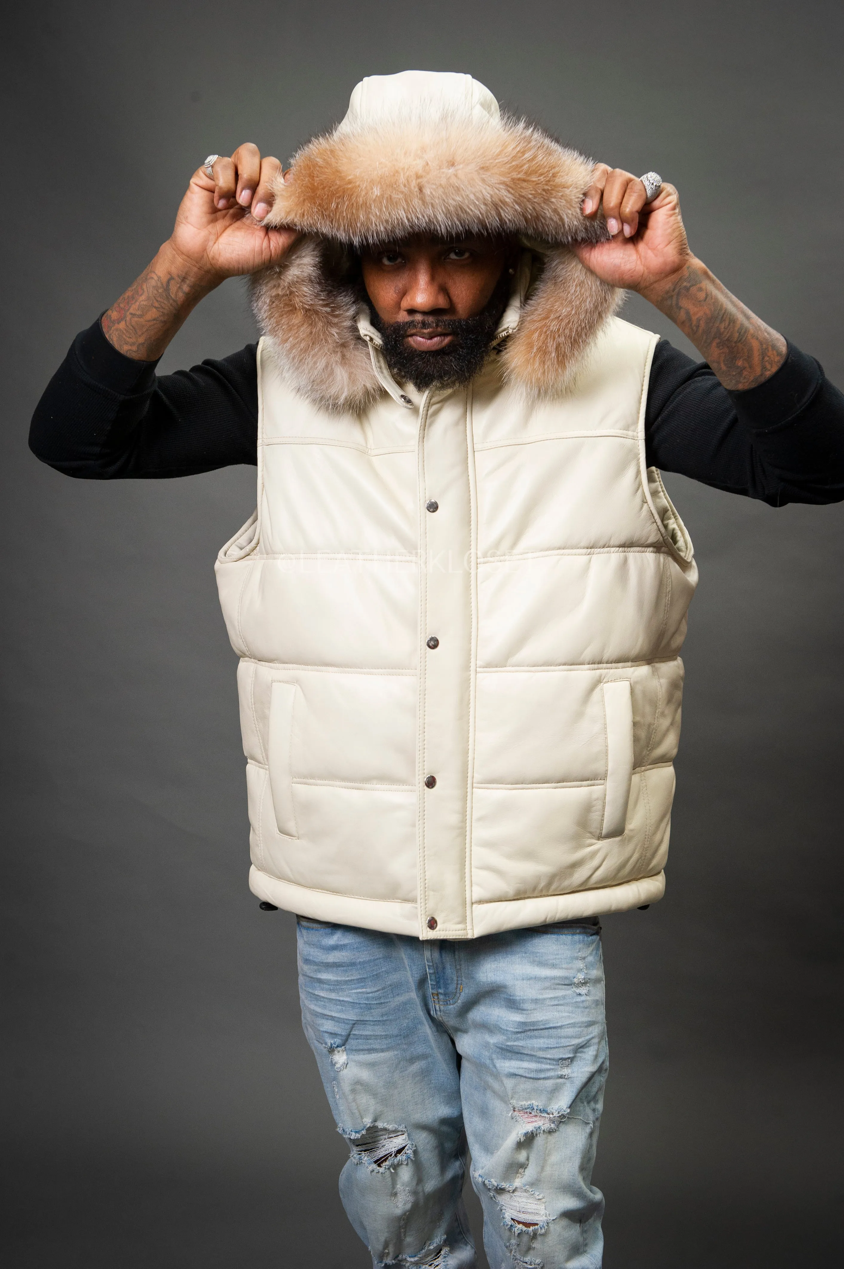 Luxurious Beige Mens Leather Bubble Vest with Fox Fur Hood – Stylish & Warm Winter Outerwear