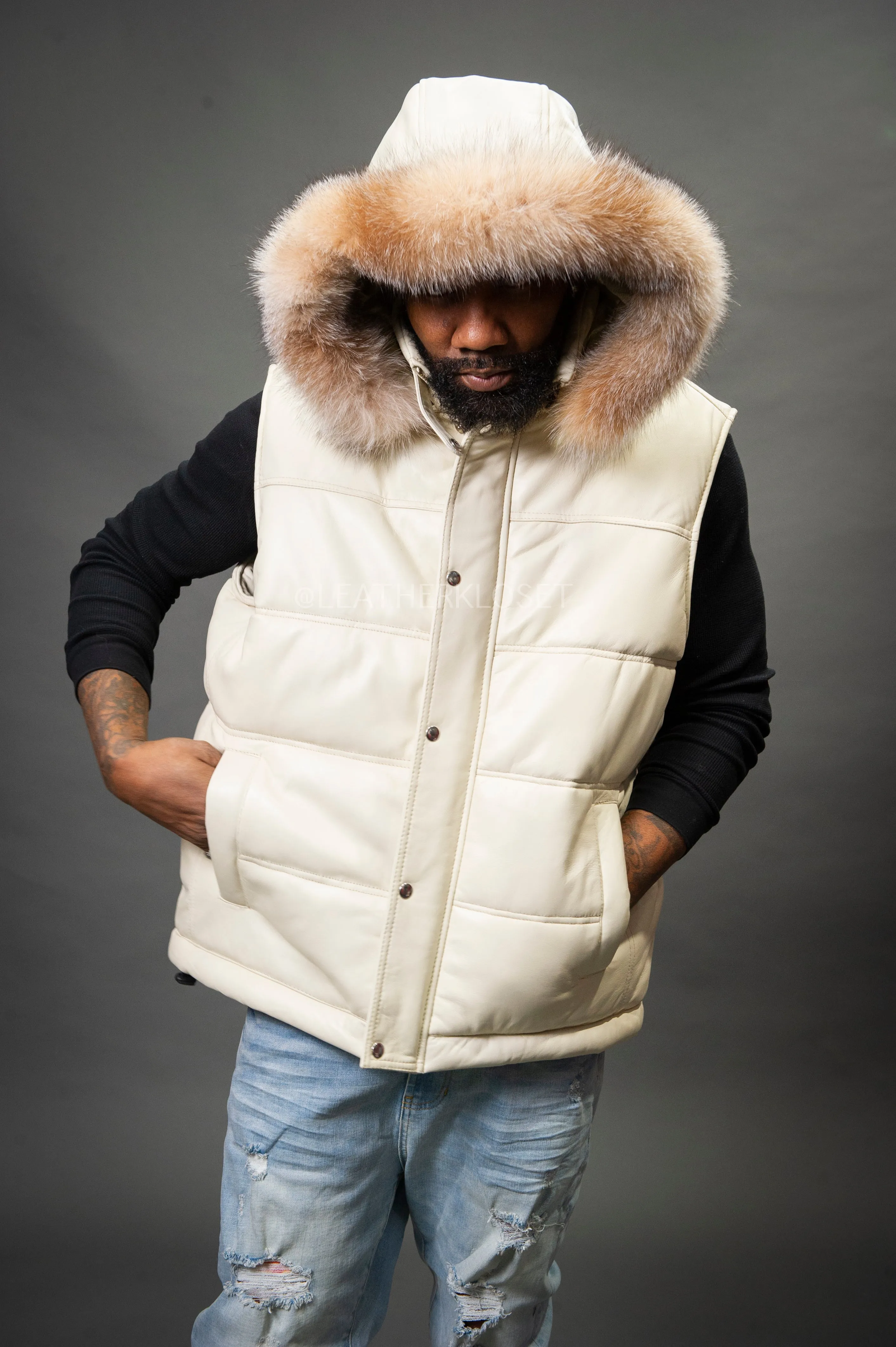 Luxurious Beige Mens Leather Bubble Vest with Fox Fur Hood – Stylish & Warm Winter Outerwear