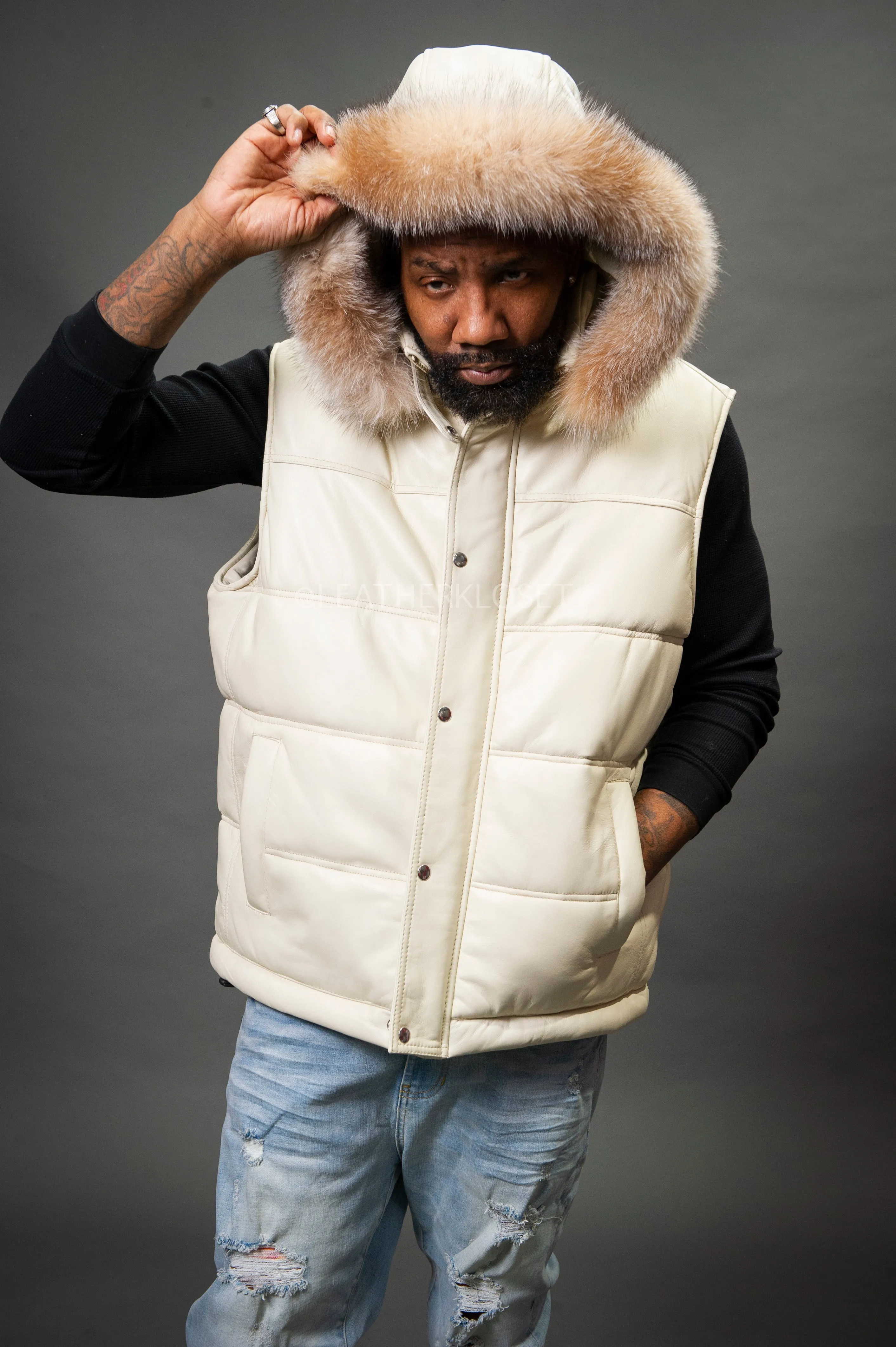 Luxurious Beige Mens Leather Bubble Vest with Fox Fur Hood – Stylish & Warm Winter Outerwear