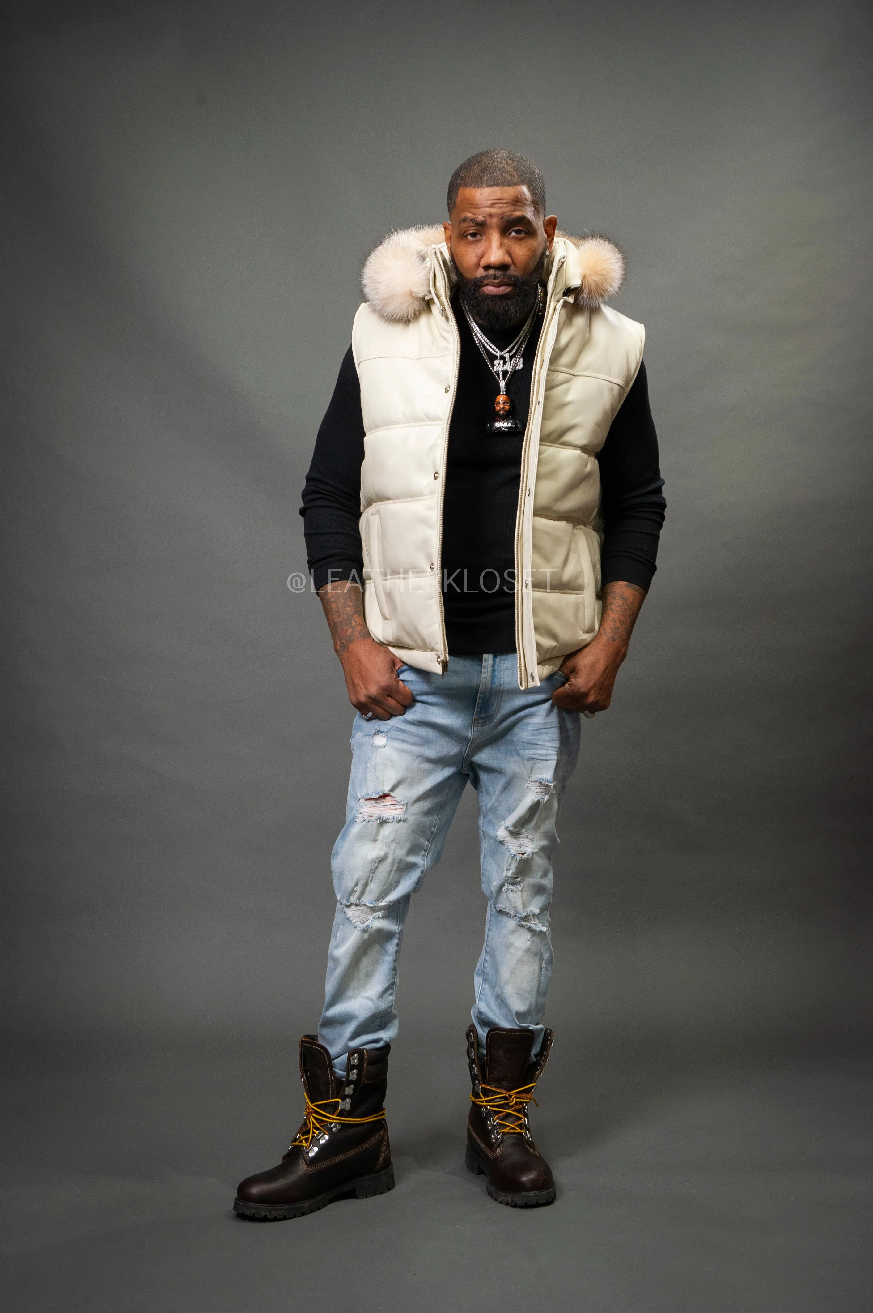 Luxurious Beige Mens Leather Bubble Vest with Fox Fur Hood – Stylish & Warm Winter Outerwear