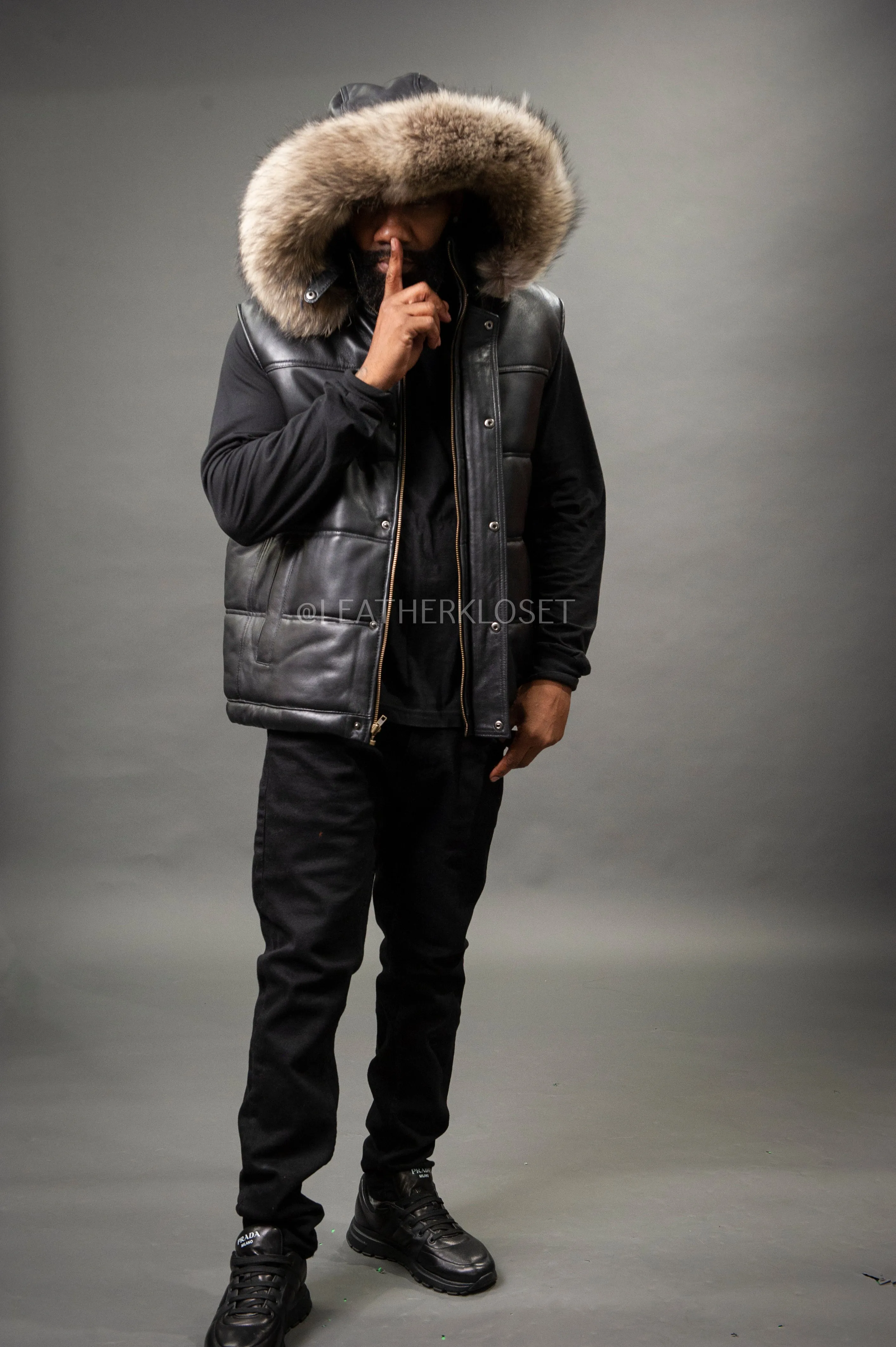 Sure! How about Premium Raccoon Fur Hood Mens Leather Bubble Vest?