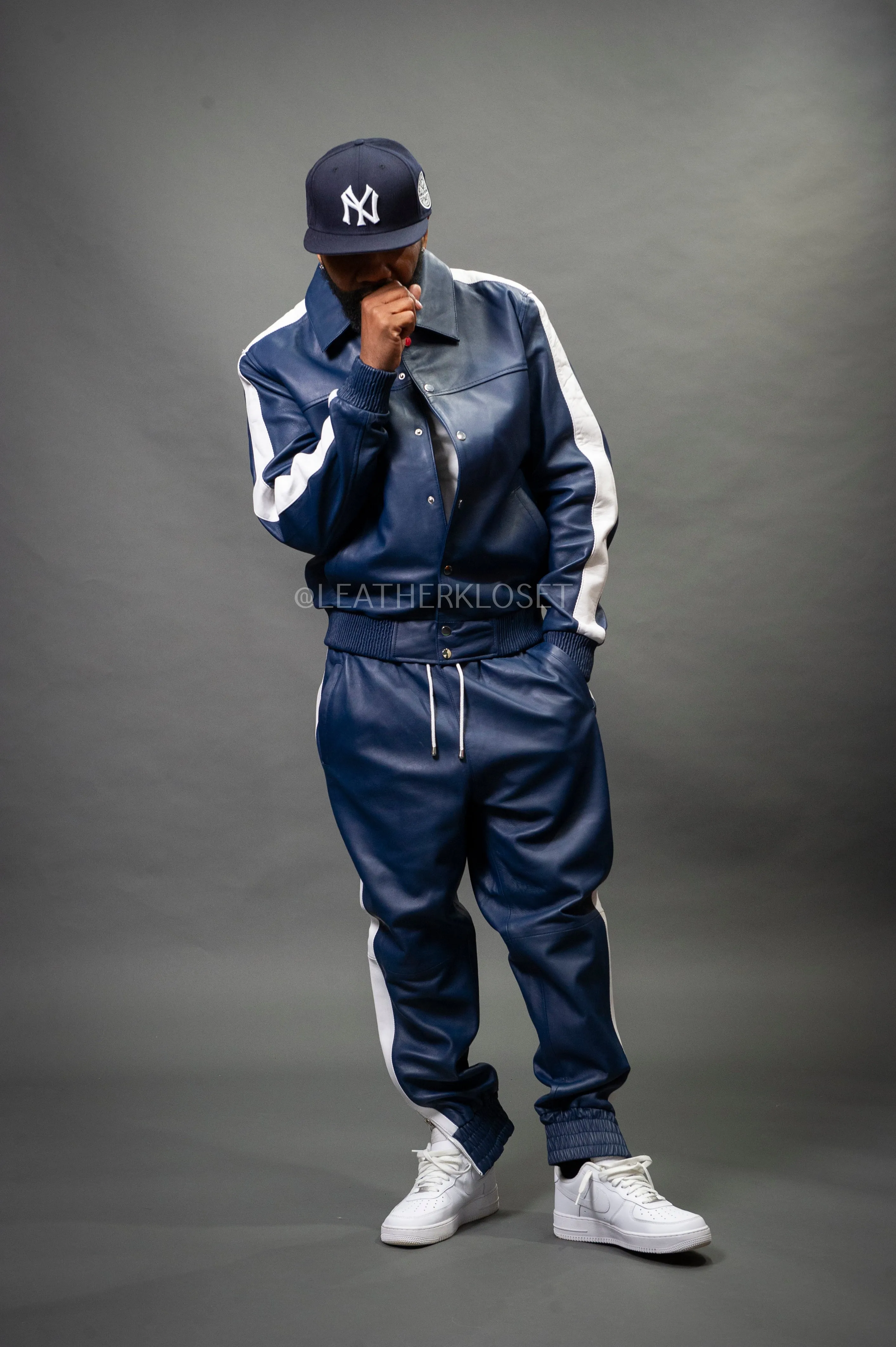 Mens Navy Blue and White Leather Track Suit - Stylish Lightweight Sweatsuit for Comfort and Performance