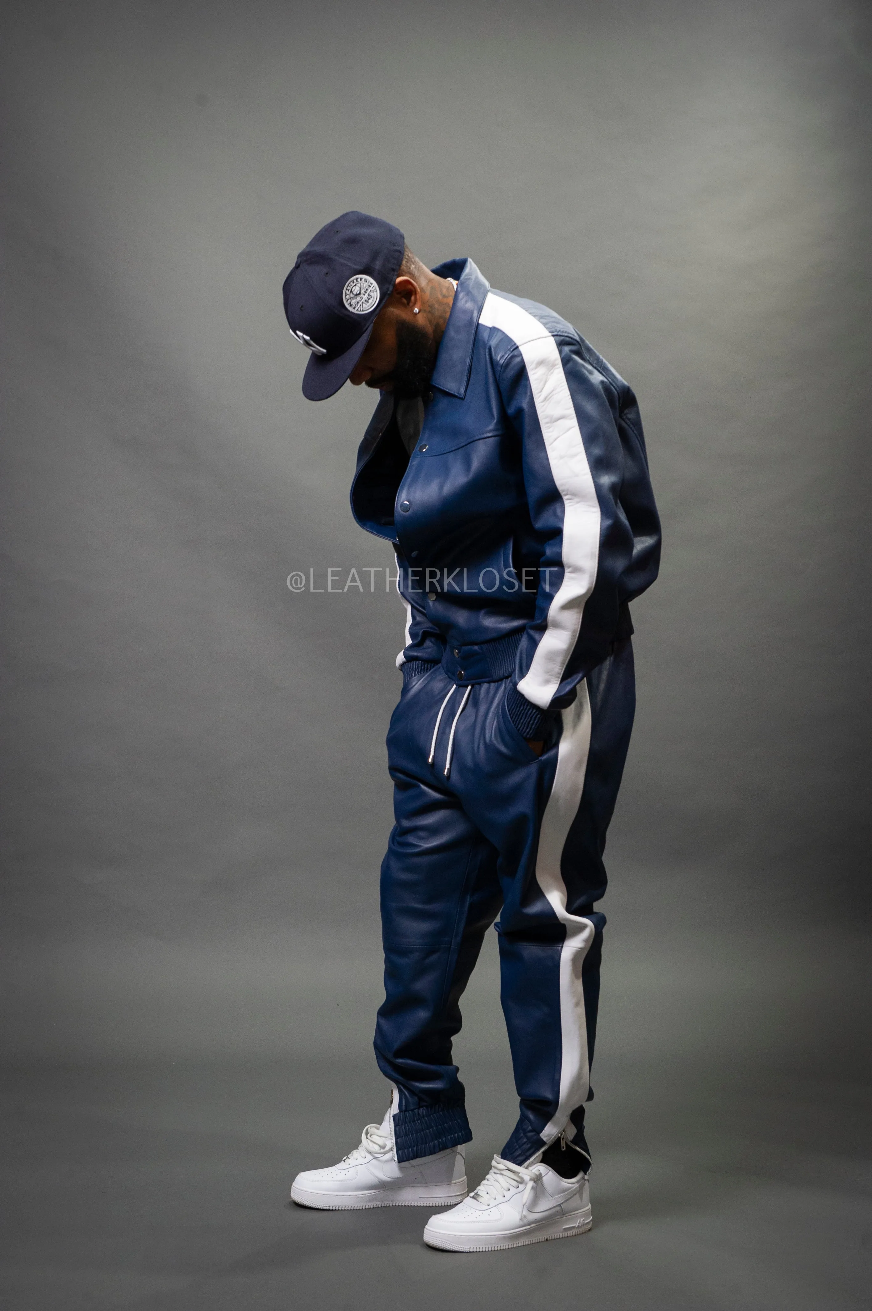 Mens Navy Blue and White Leather Track Suit - Stylish Lightweight Sweatsuit for Comfort and Performance