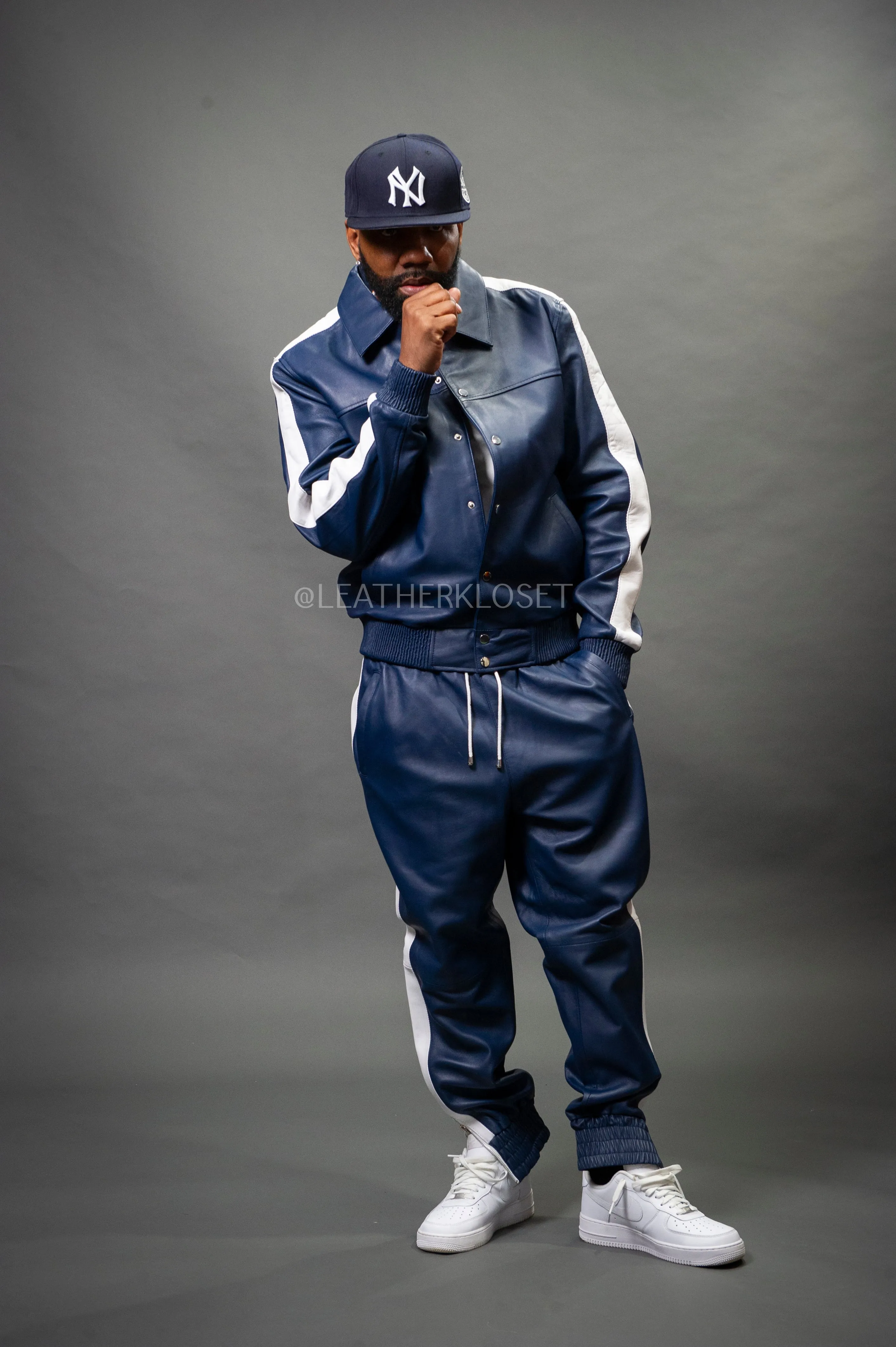 Mens Navy Blue and White Leather Track Suit - Stylish Lightweight Sweatsuit for Comfort and Performance