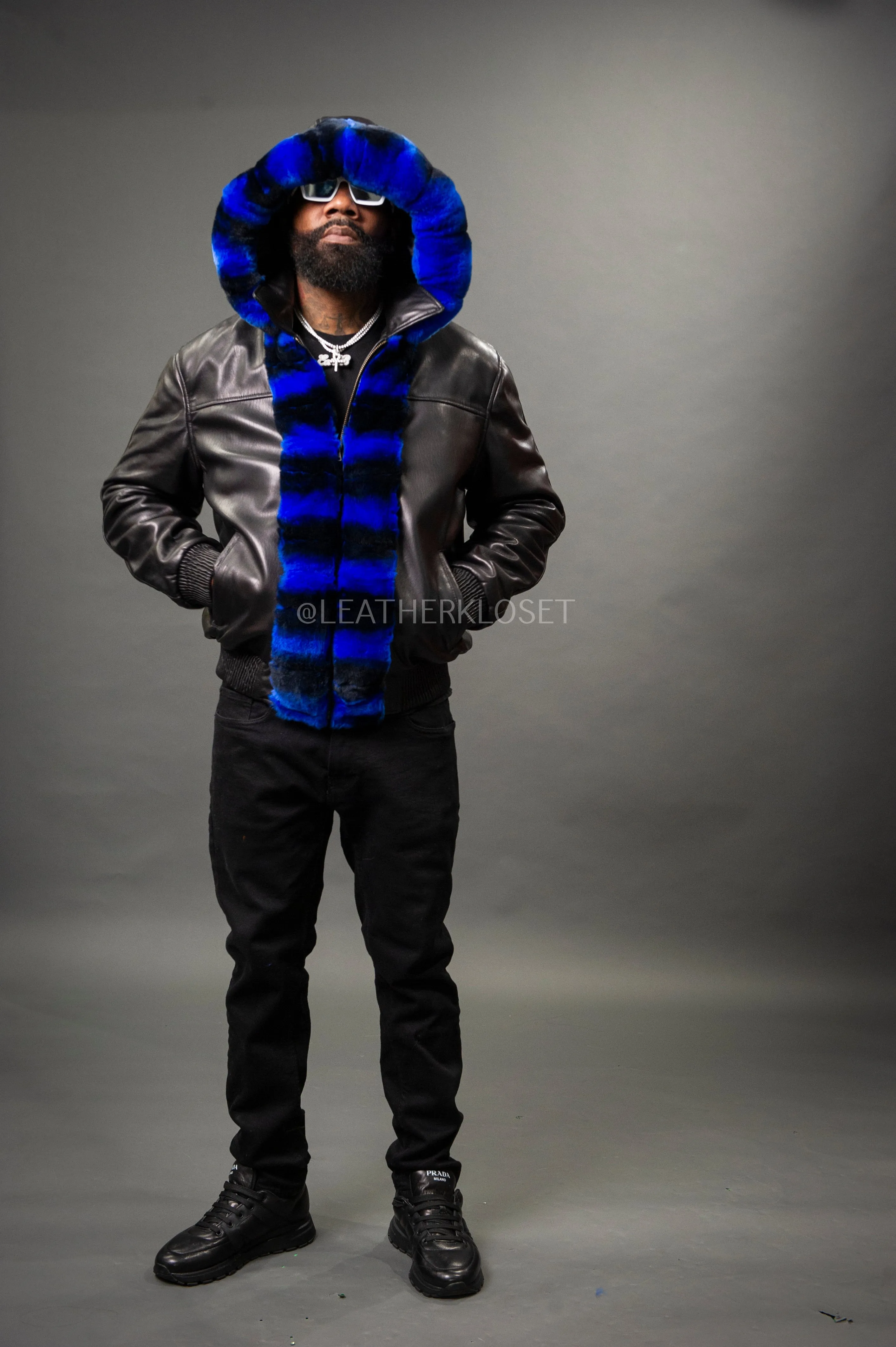 Luxurious Mens Black and Blue Leather Jacket with Chinchilla Rex Fur Combo