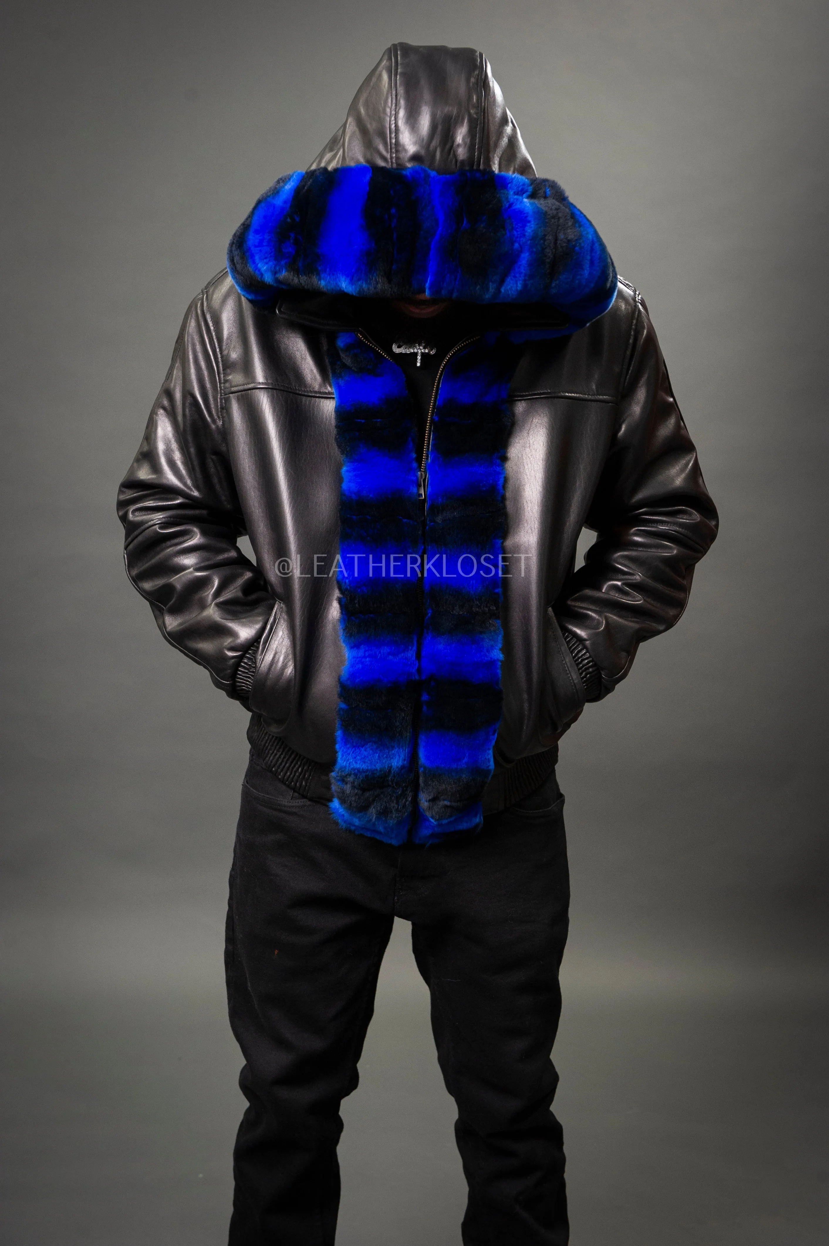 Luxurious Mens Black and Blue Leather Jacket with Chinchilla Rex Fur Combo