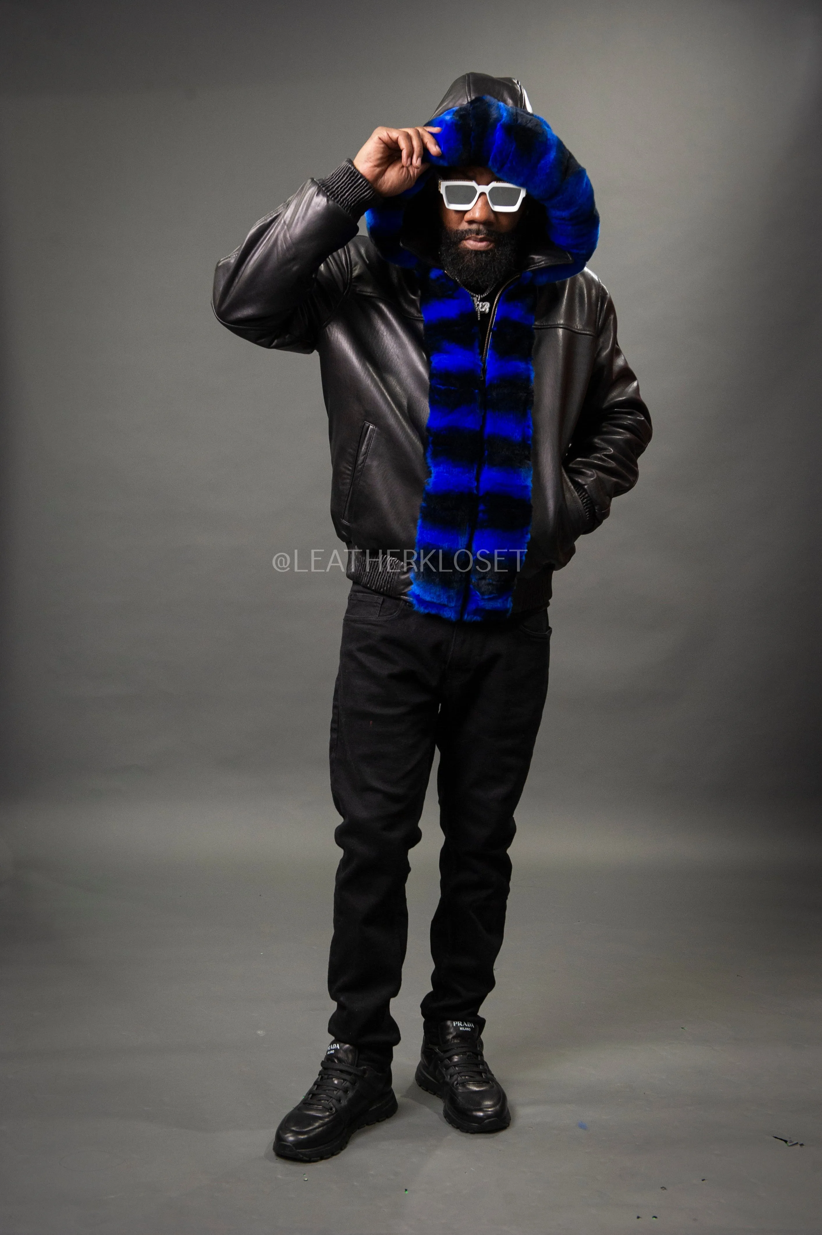 Luxurious Mens Black and Blue Leather Jacket with Chinchilla Rex Fur Combo