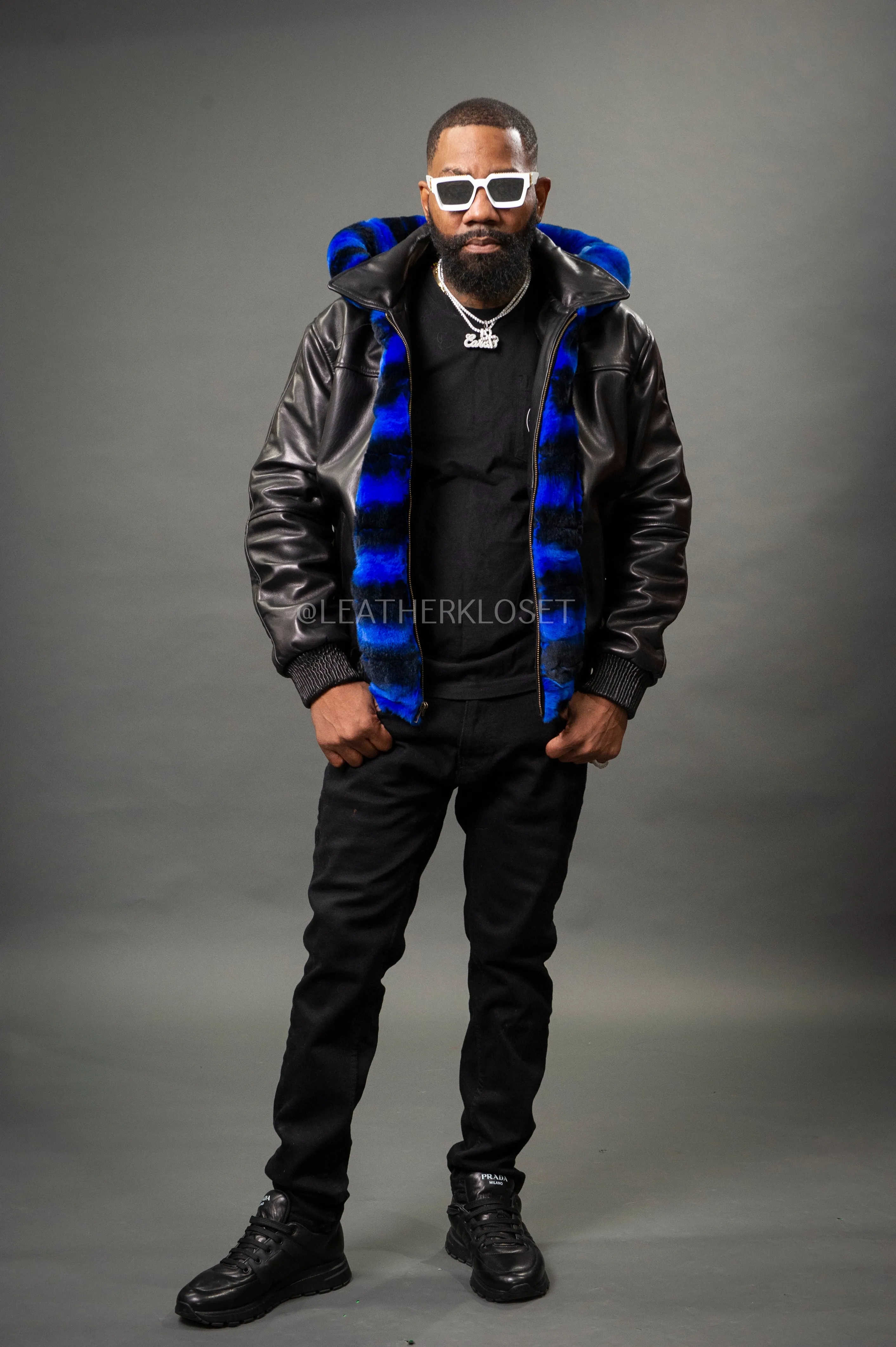 Luxurious Mens Black and Blue Leather Jacket with Chinchilla Rex Fur Combo