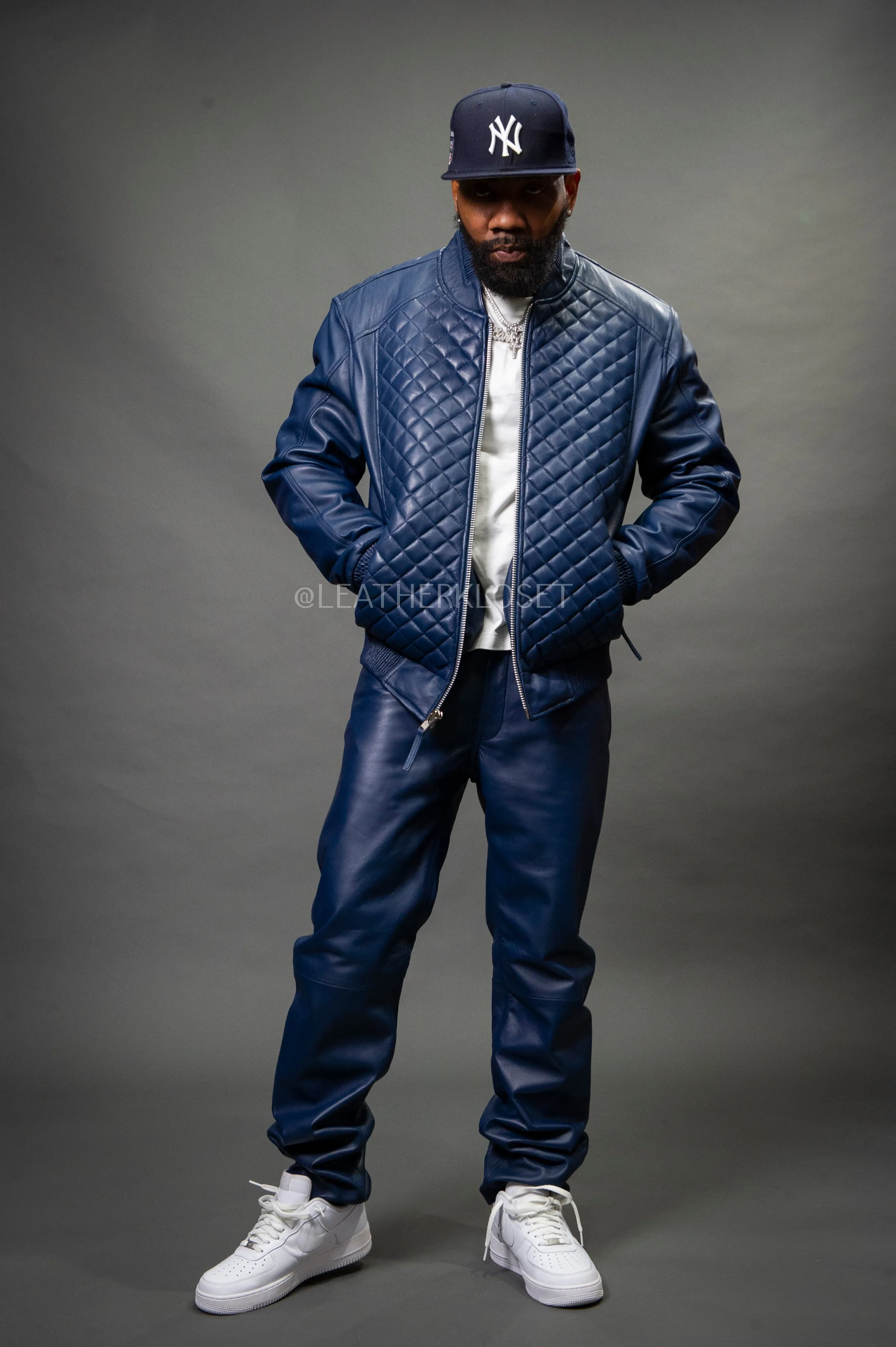 Optimized Title: Mens Navy Lucas Jacket and Leather Jean Pants Set - Stylish and Versatile Outfit