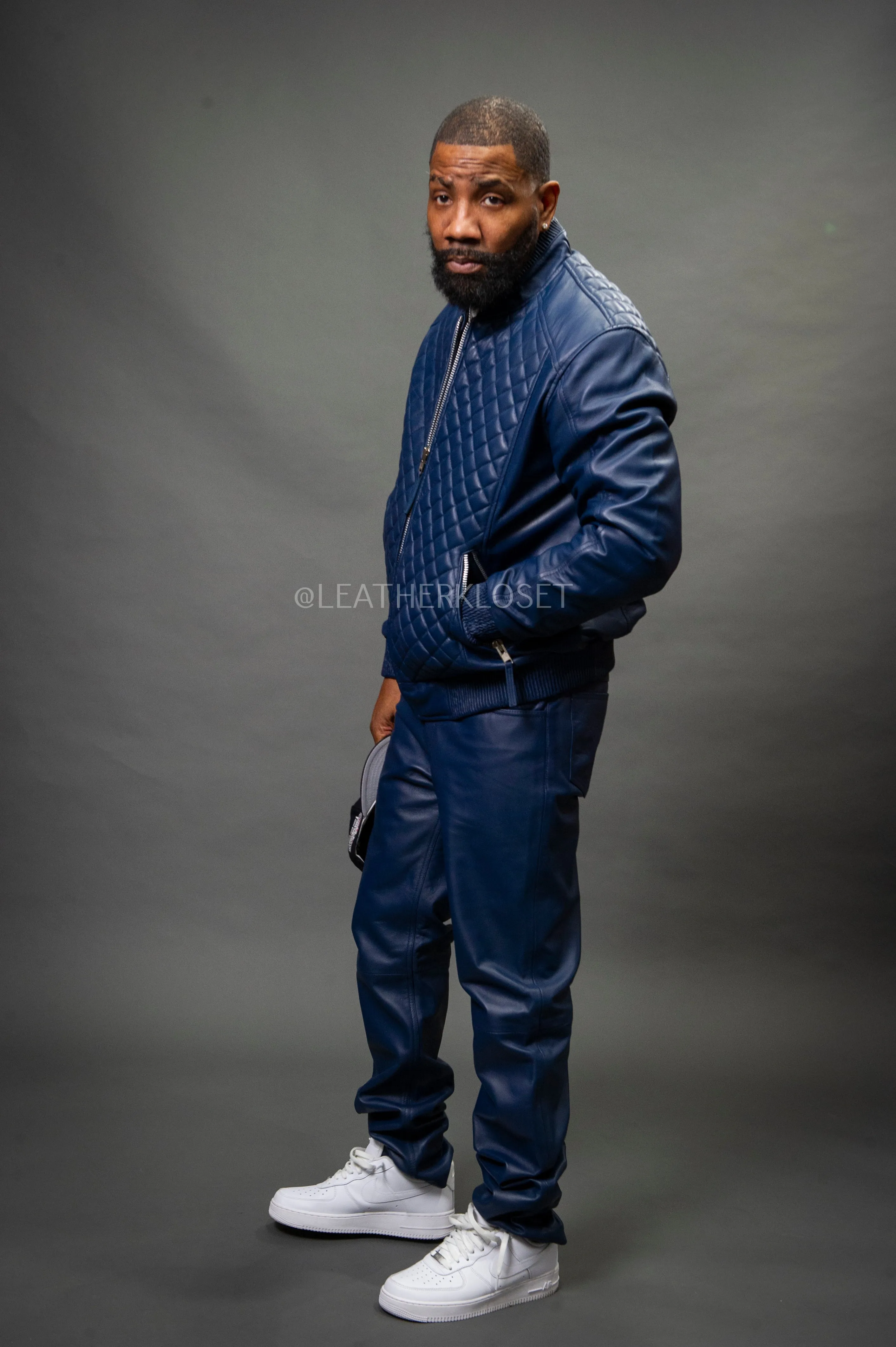 Optimized Title: Mens Navy Lucas Jacket and Leather Jean Pants Set - Stylish and Versatile Outfit