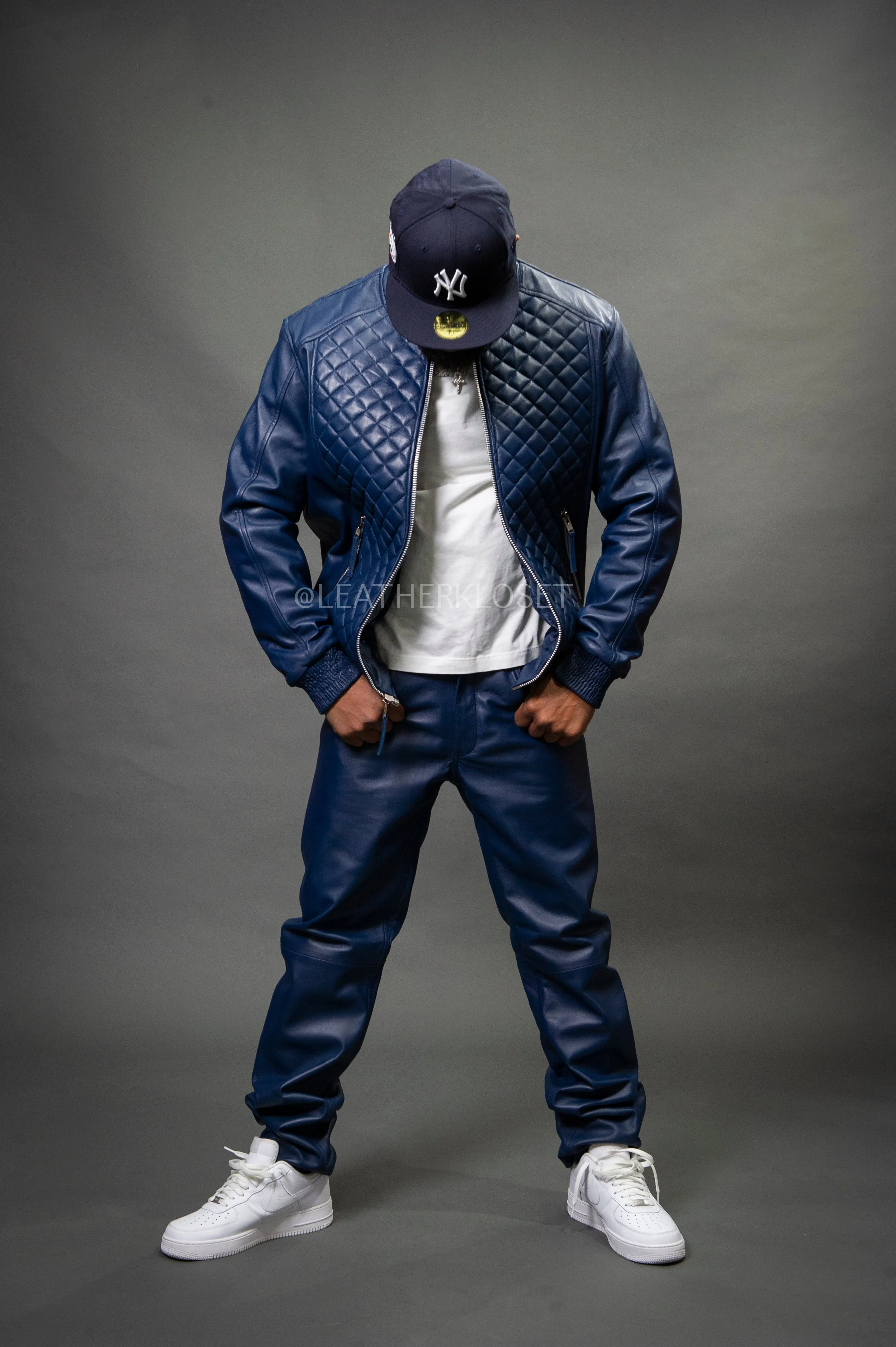 Optimized Title: Mens Navy Lucas Jacket and Leather Jean Pants Set - Stylish and Versatile Outfit