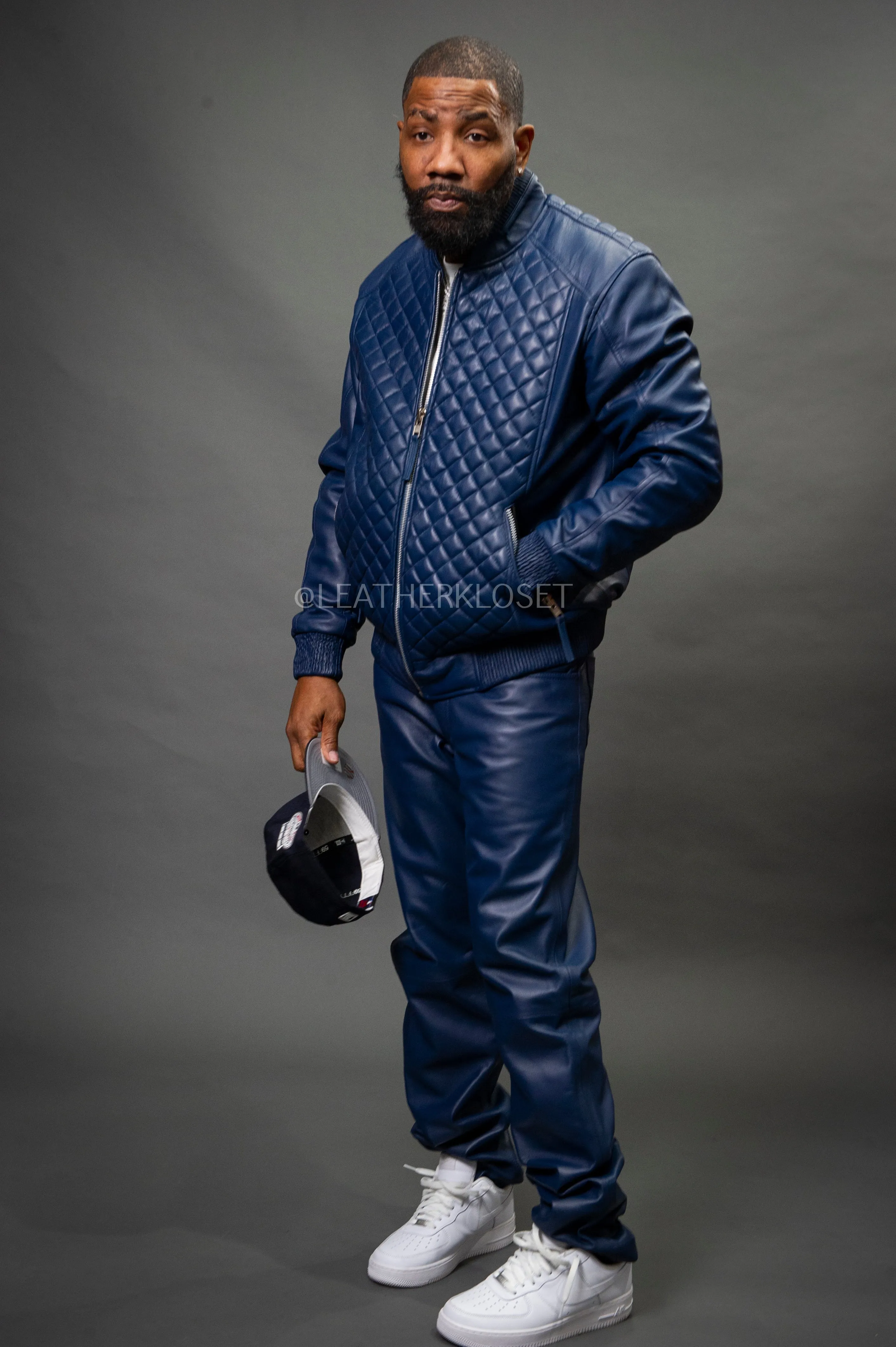 Optimized Title: Mens Navy Lucas Jacket and Leather Jean Pants Set - Stylish and Versatile Outfit