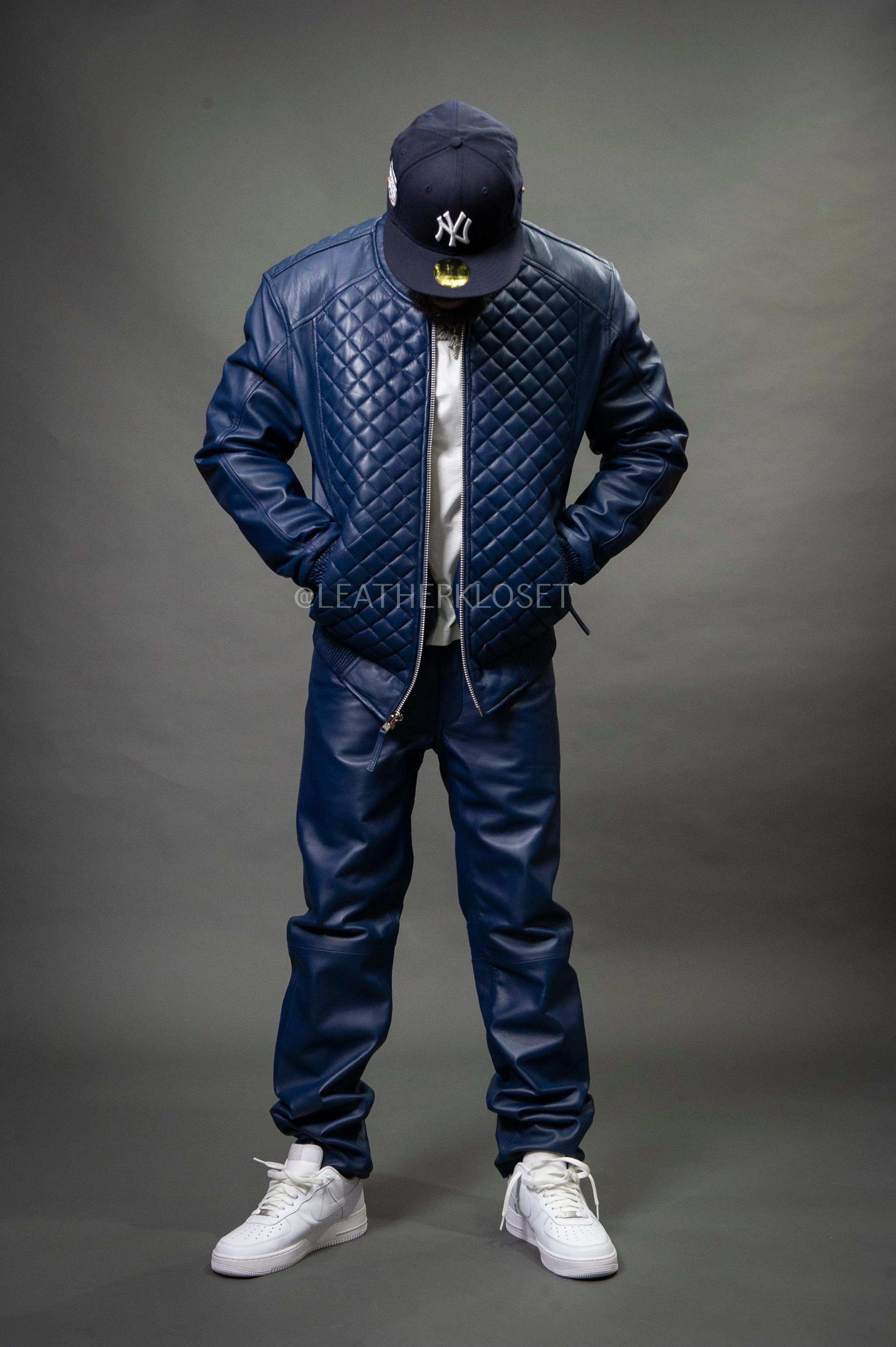 Optimized Title: Mens Navy Lucas Jacket and Leather Jean Pants Set - Stylish and Versatile Outfit