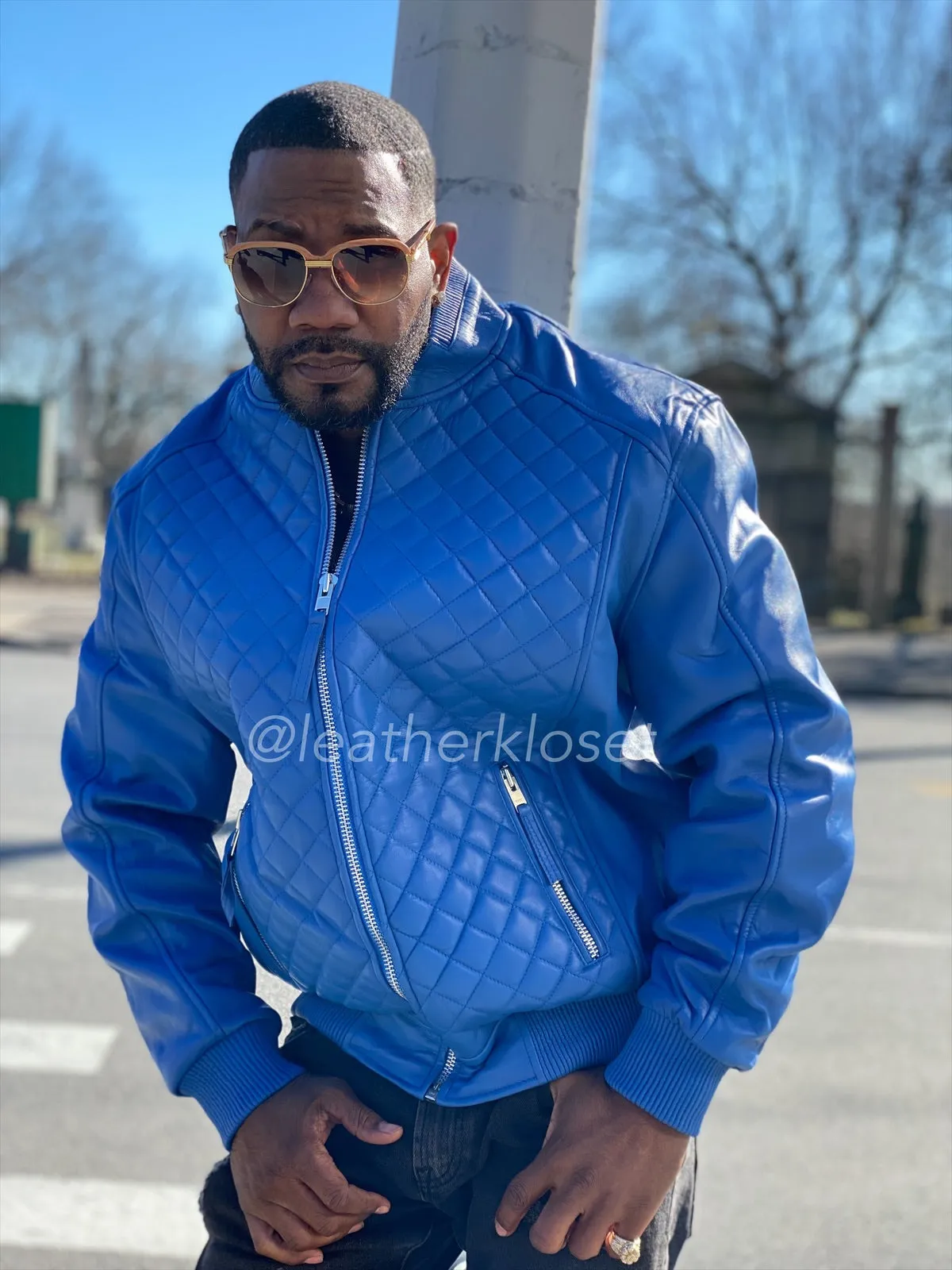 Royal Blue Lucas Mens Bomber Jacket with Quilted Leather Design