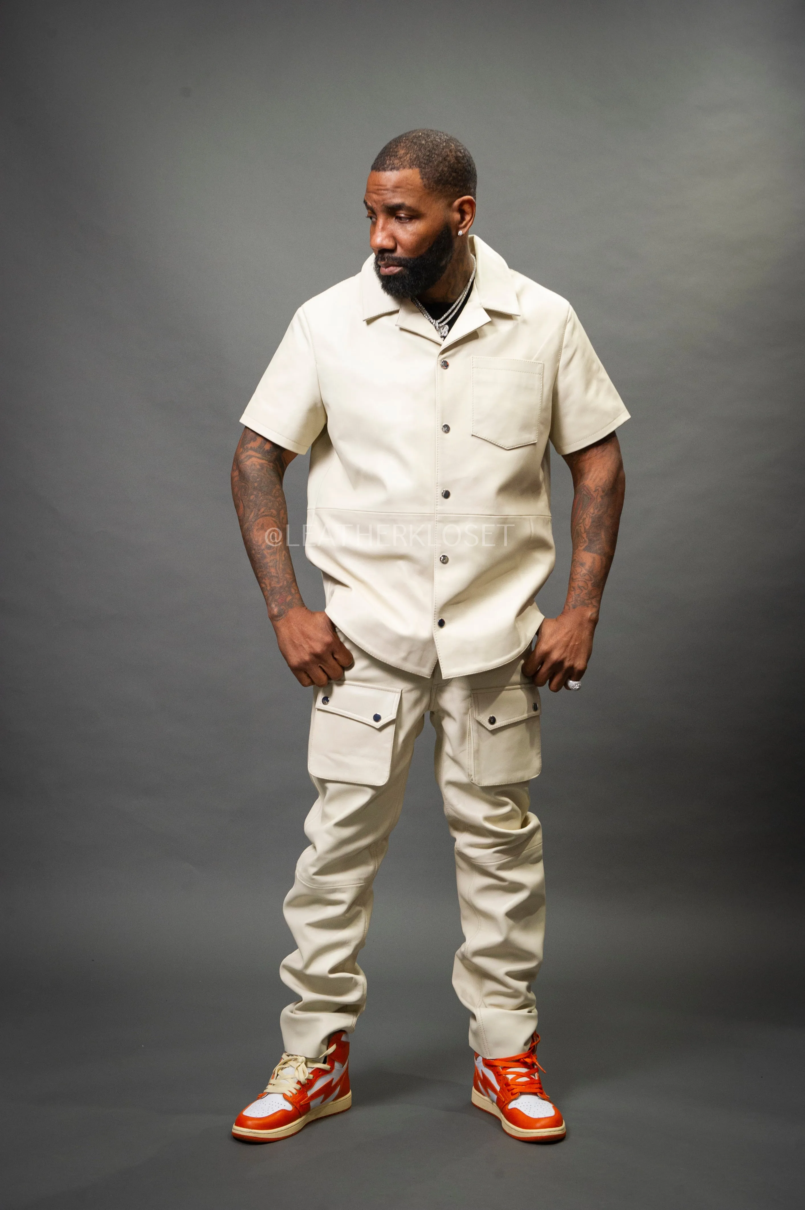 Mens Beige Luka Leather Short Sleeve Shirt and Cargo Pants Set