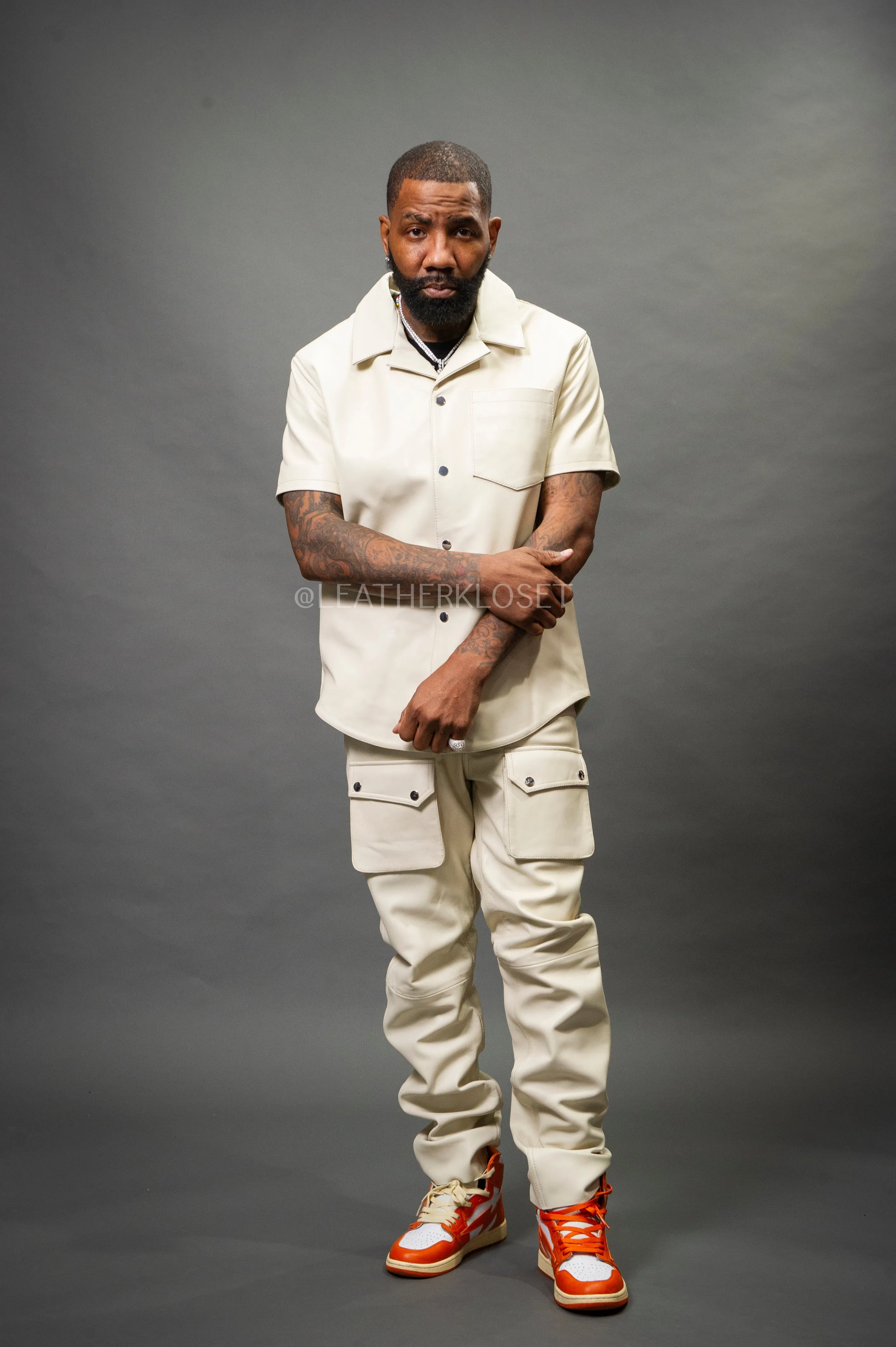 Mens Beige Luka Leather Short Sleeve Shirt and Cargo Pants Set