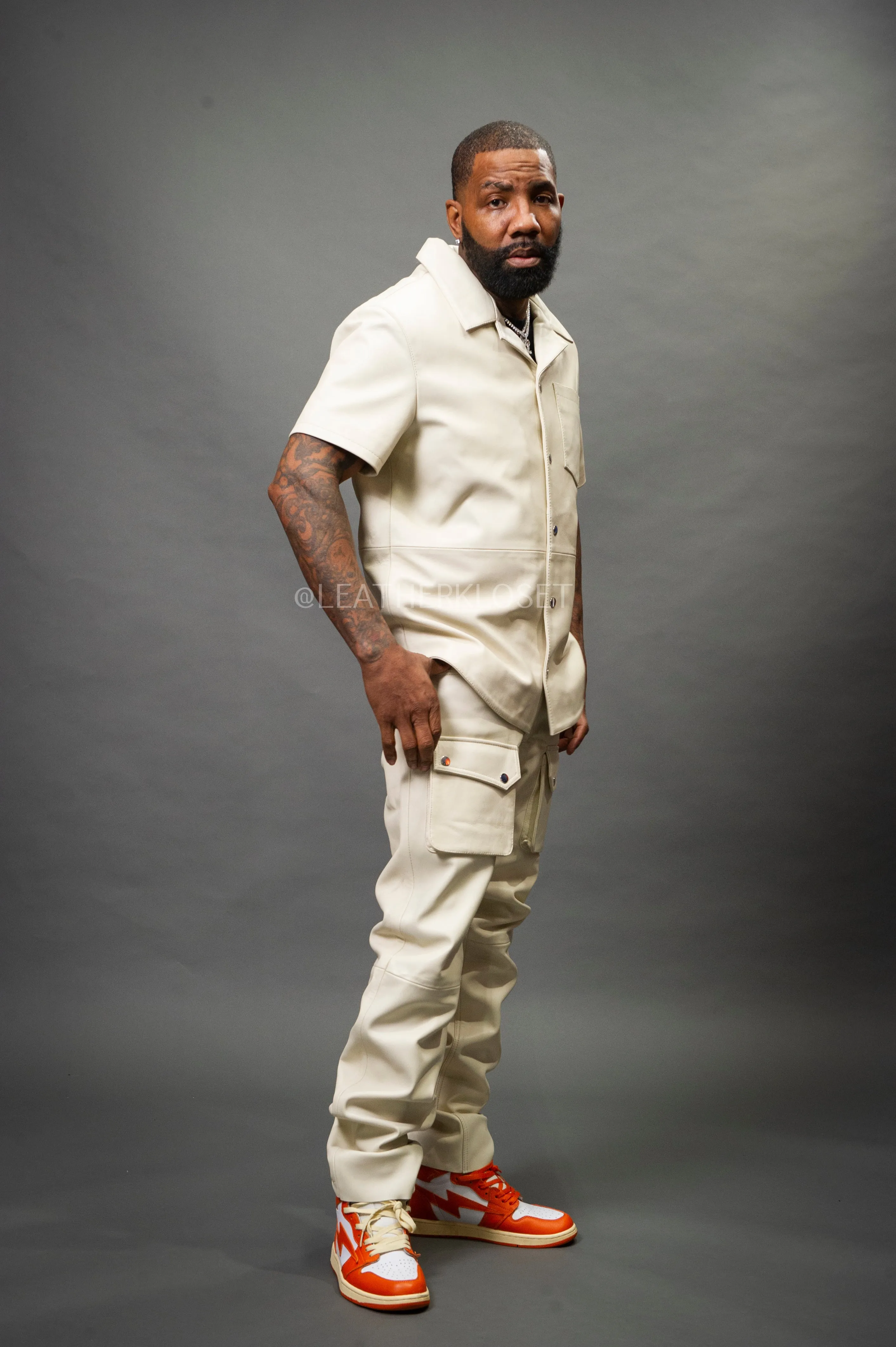 Mens Beige Luka Leather Short Sleeve Shirt and Cargo Pants Set