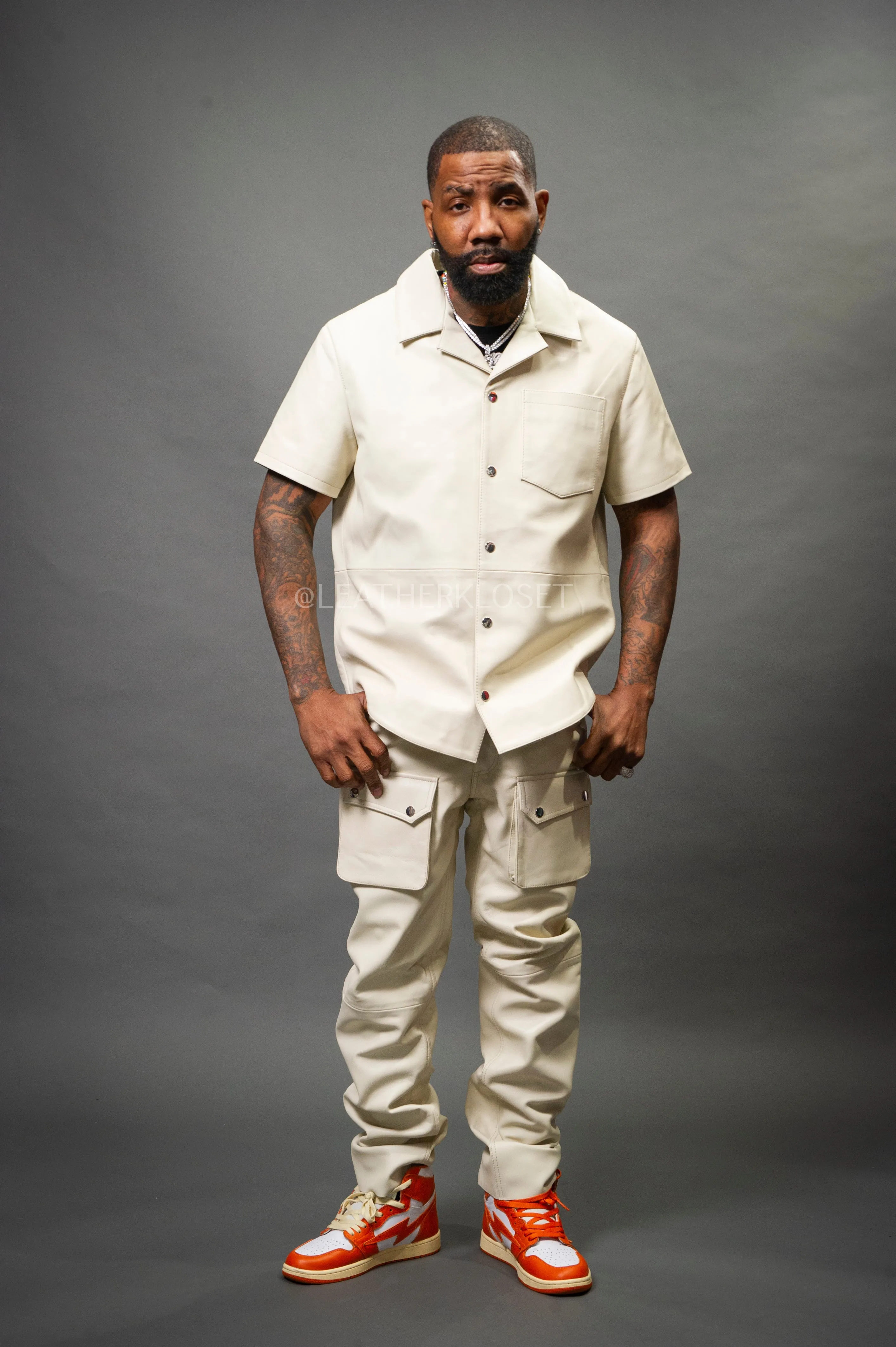 Mens Beige Luka Leather Short Sleeve Shirt and Cargo Pants Set