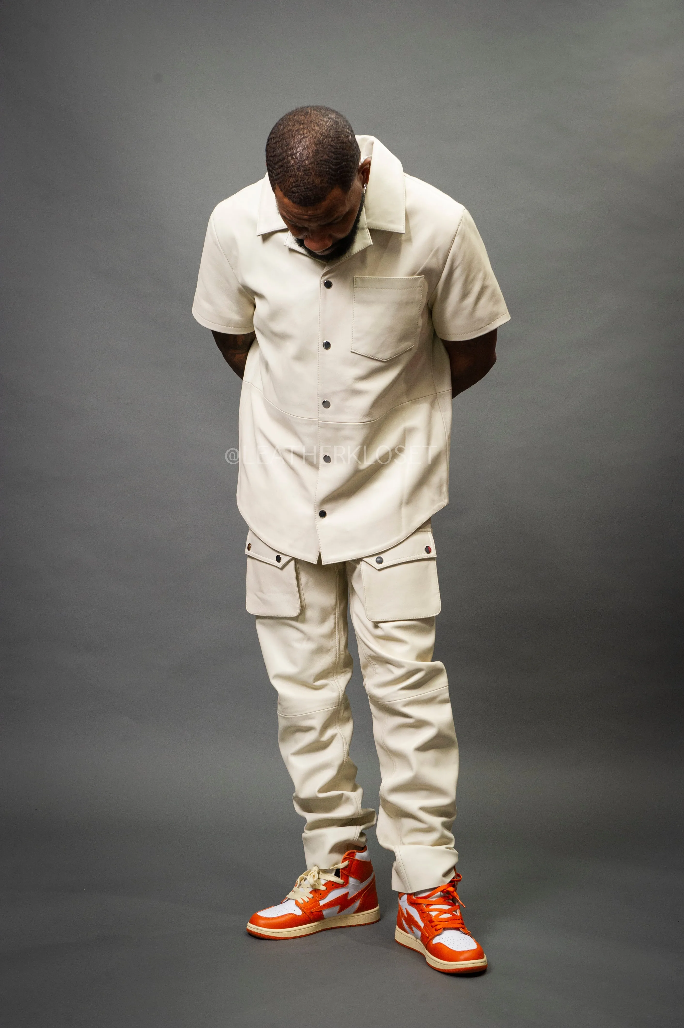 Mens Beige Luka Leather Short Sleeve Shirt and Cargo Pants Set