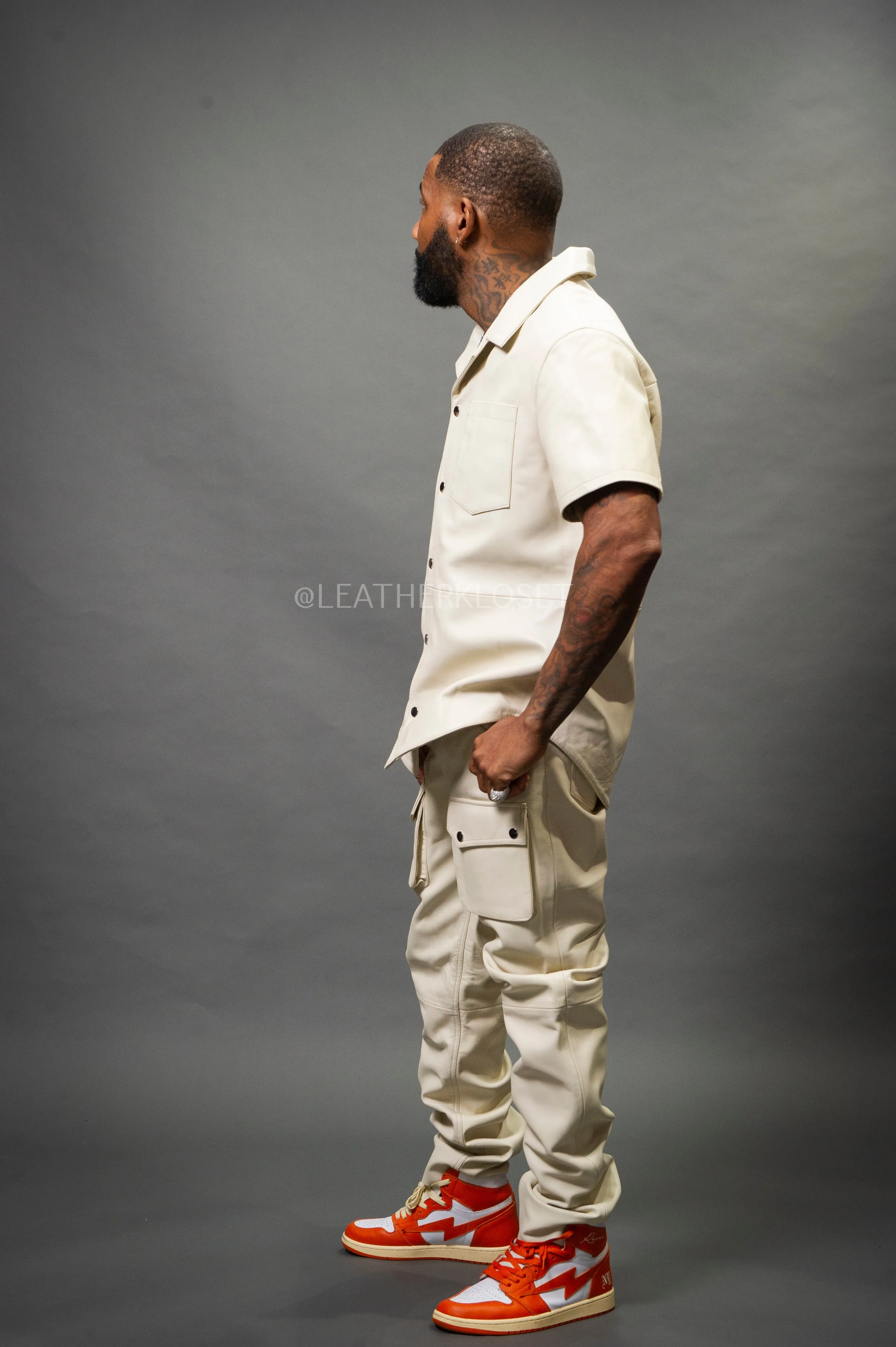 Mens Beige Luka Leather Short Sleeve Shirt and Cargo Pants Set