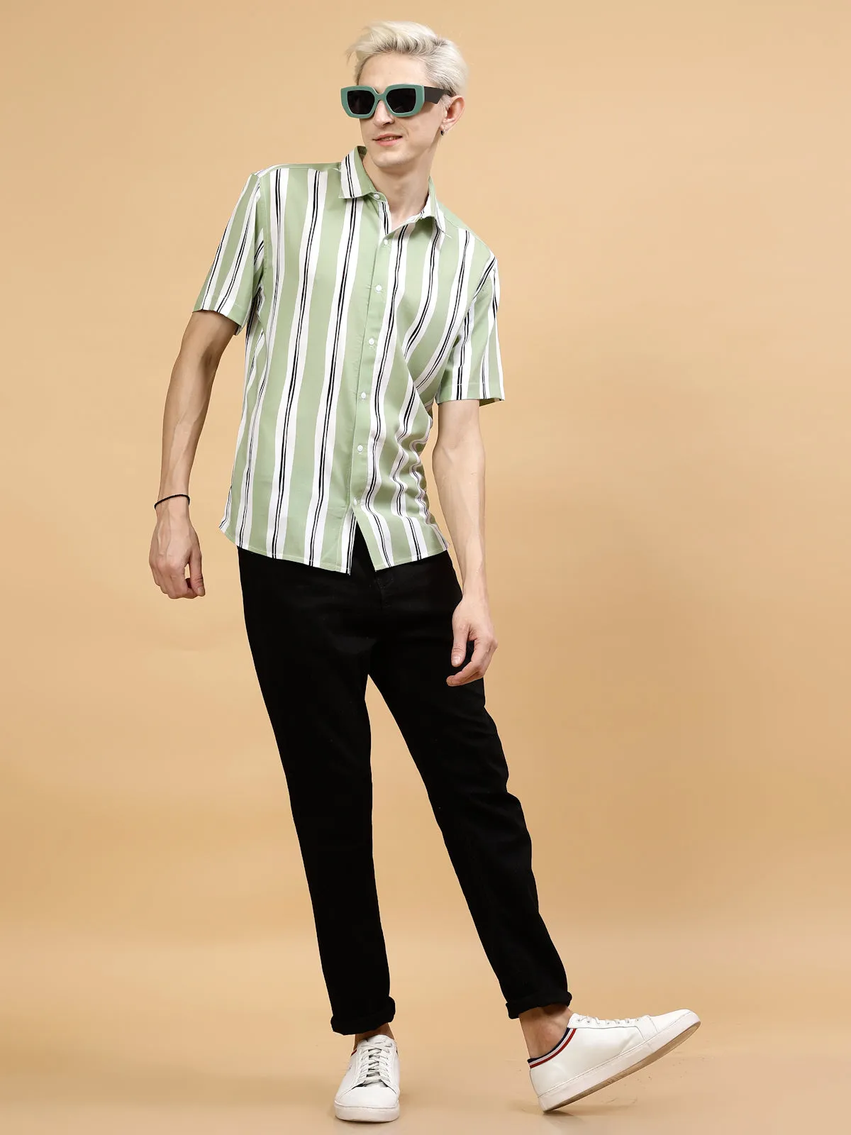 Men's Striped Rayon Cut Away Collar Yoke Detail Shirt