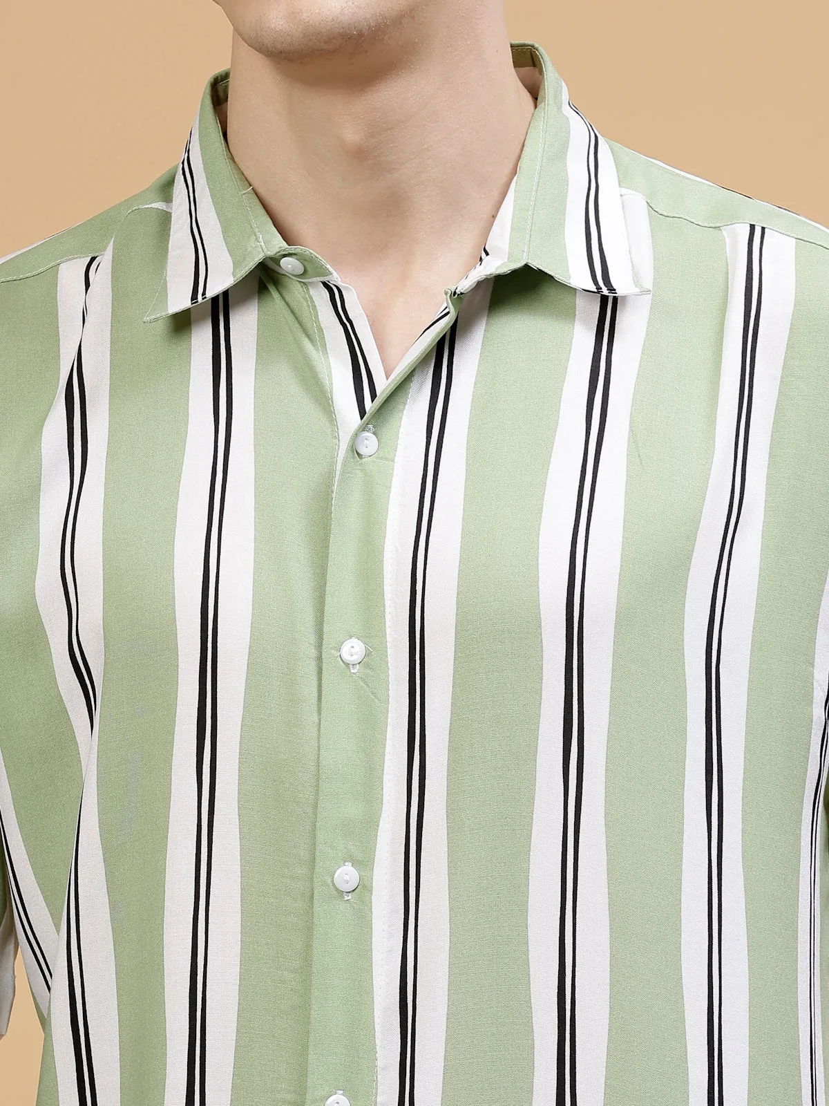 Men's Striped Rayon Cut Away Collar Yoke Detail Shirt