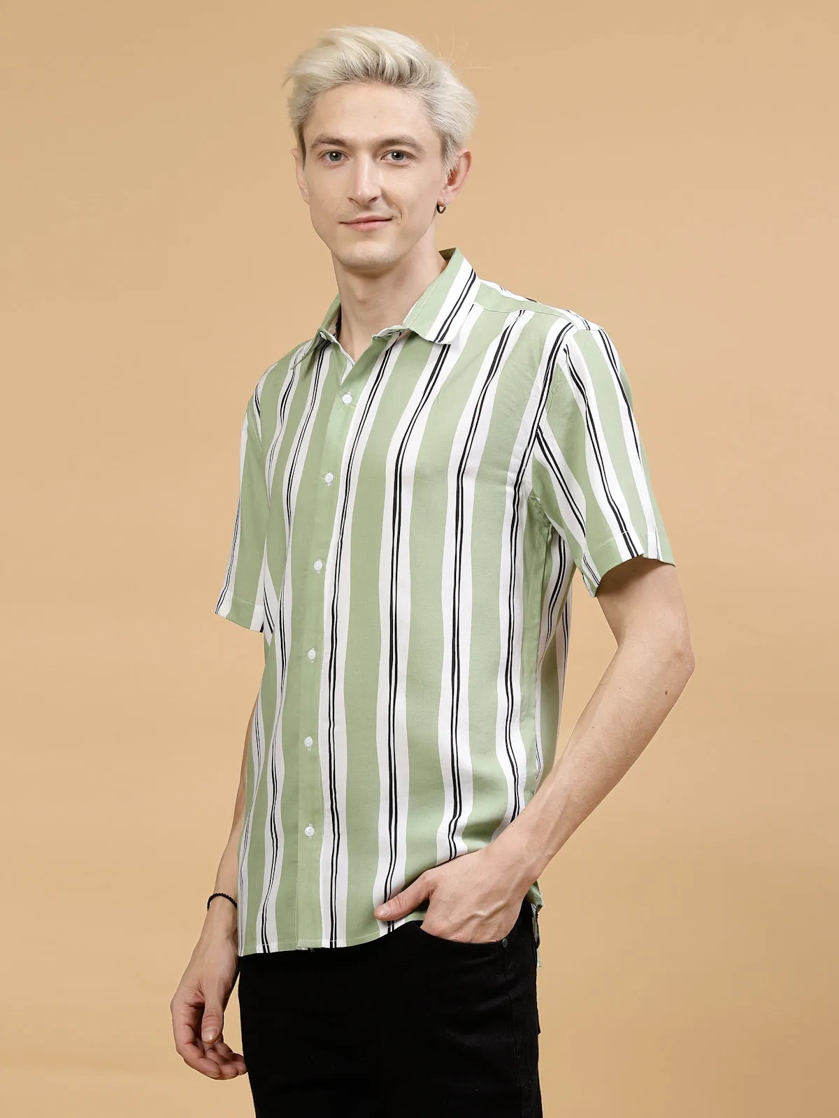 Men's Striped Rayon Cut Away Collar Yoke Detail Shirt